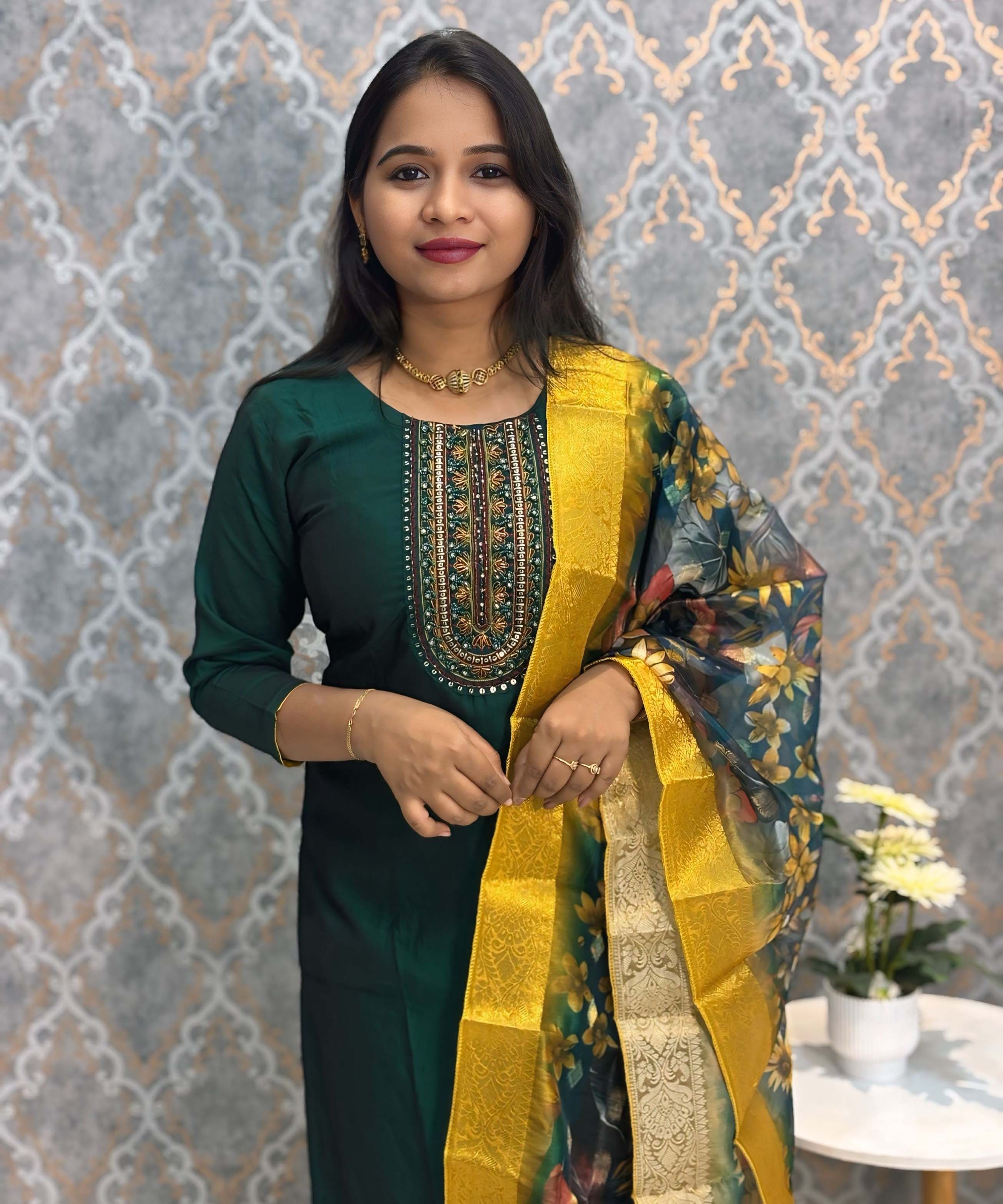 Dark Green and Yellow Color Premium 3 Piece Salwar Set with Printed Organza Dupatta / ESS359