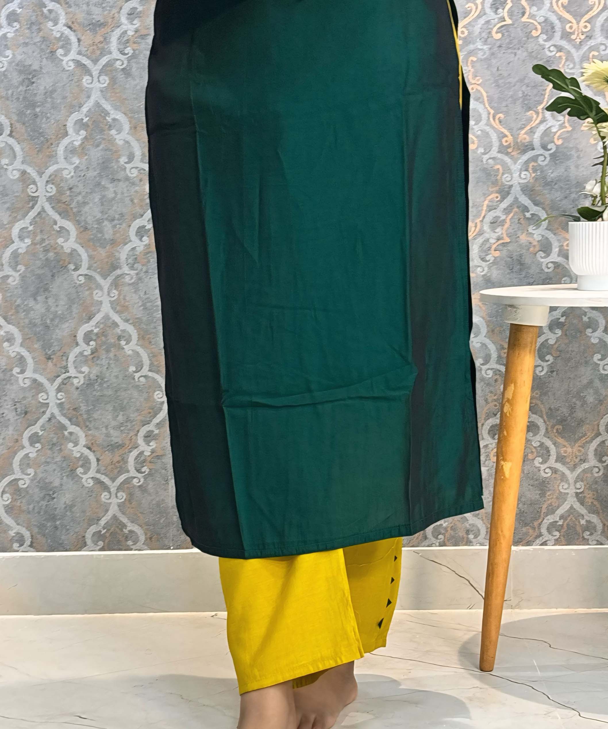 Dark Green and Yellow Color Premium 3 Piece Salwar Set with Printed Organza Dupatta / ESS359