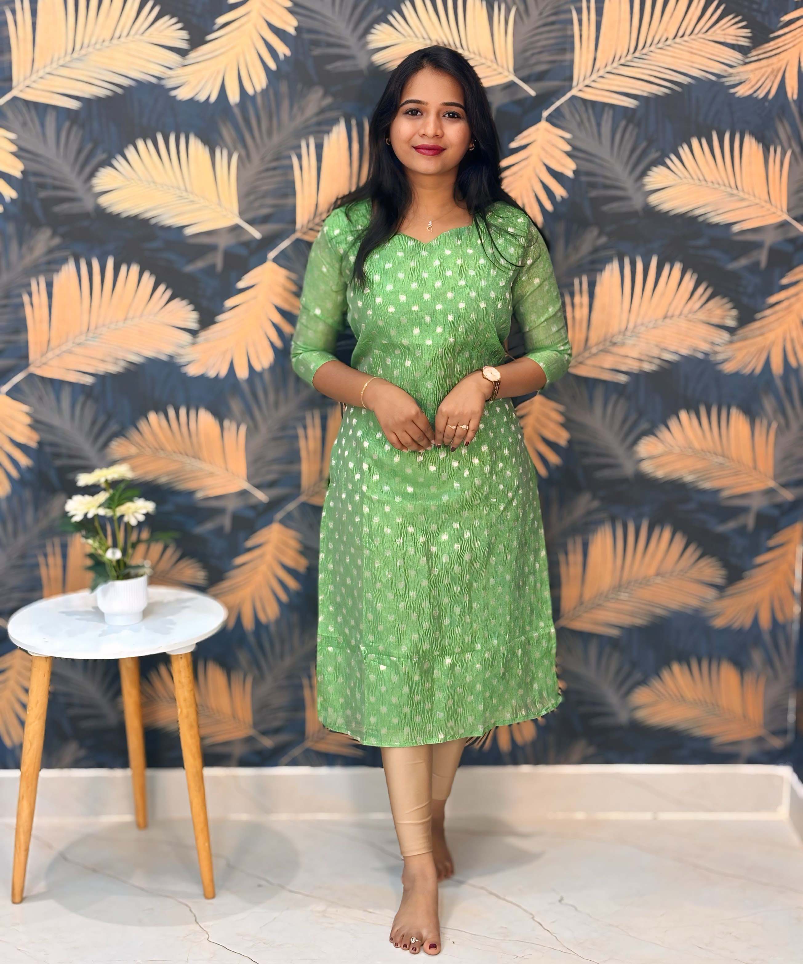 Green Color Premium Banarasi Crushed Tissue Kurti with Lining / LSS183