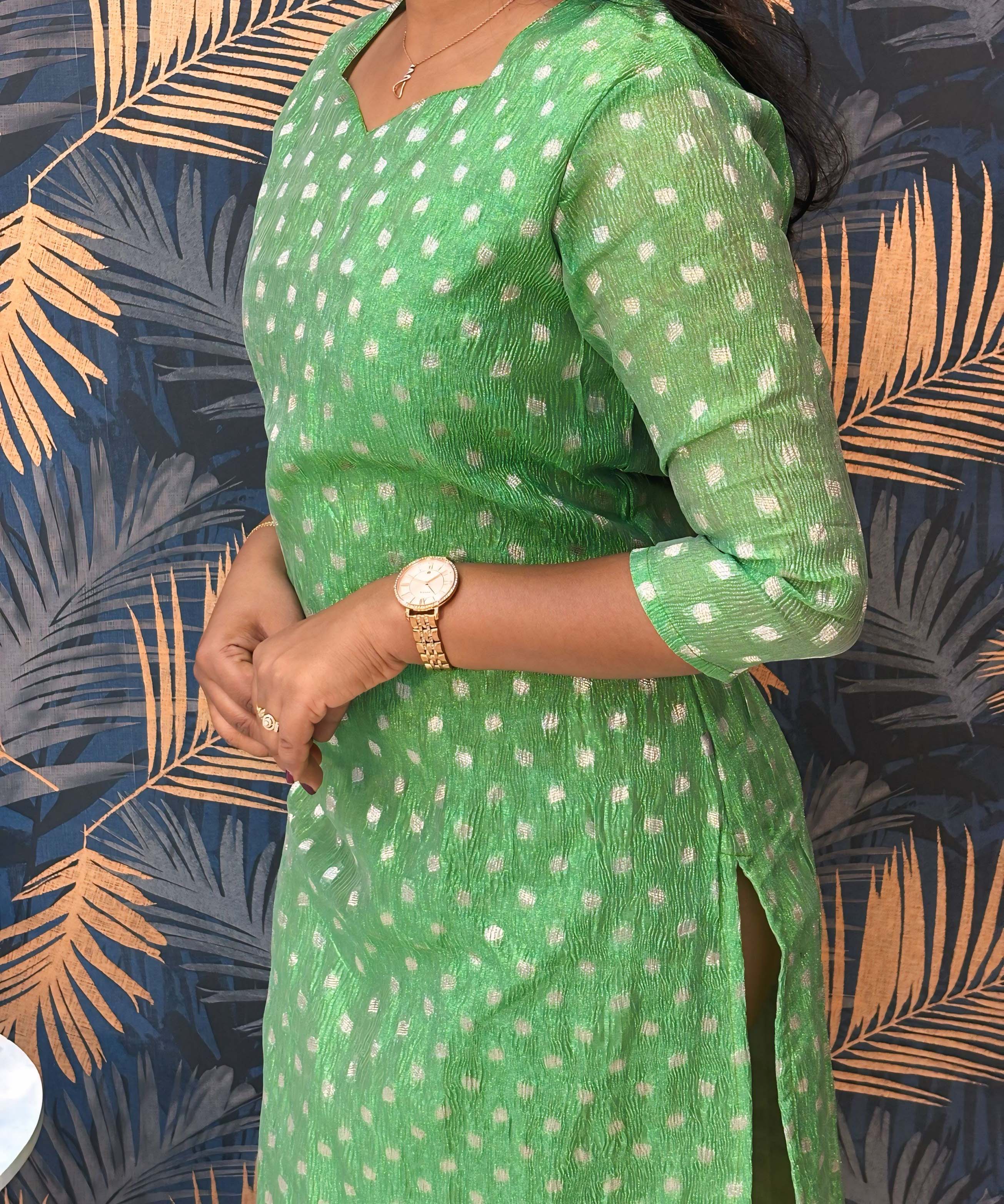 Green Color Premium Banarasi Crushed Tissue Kurti with Lining / LSS183