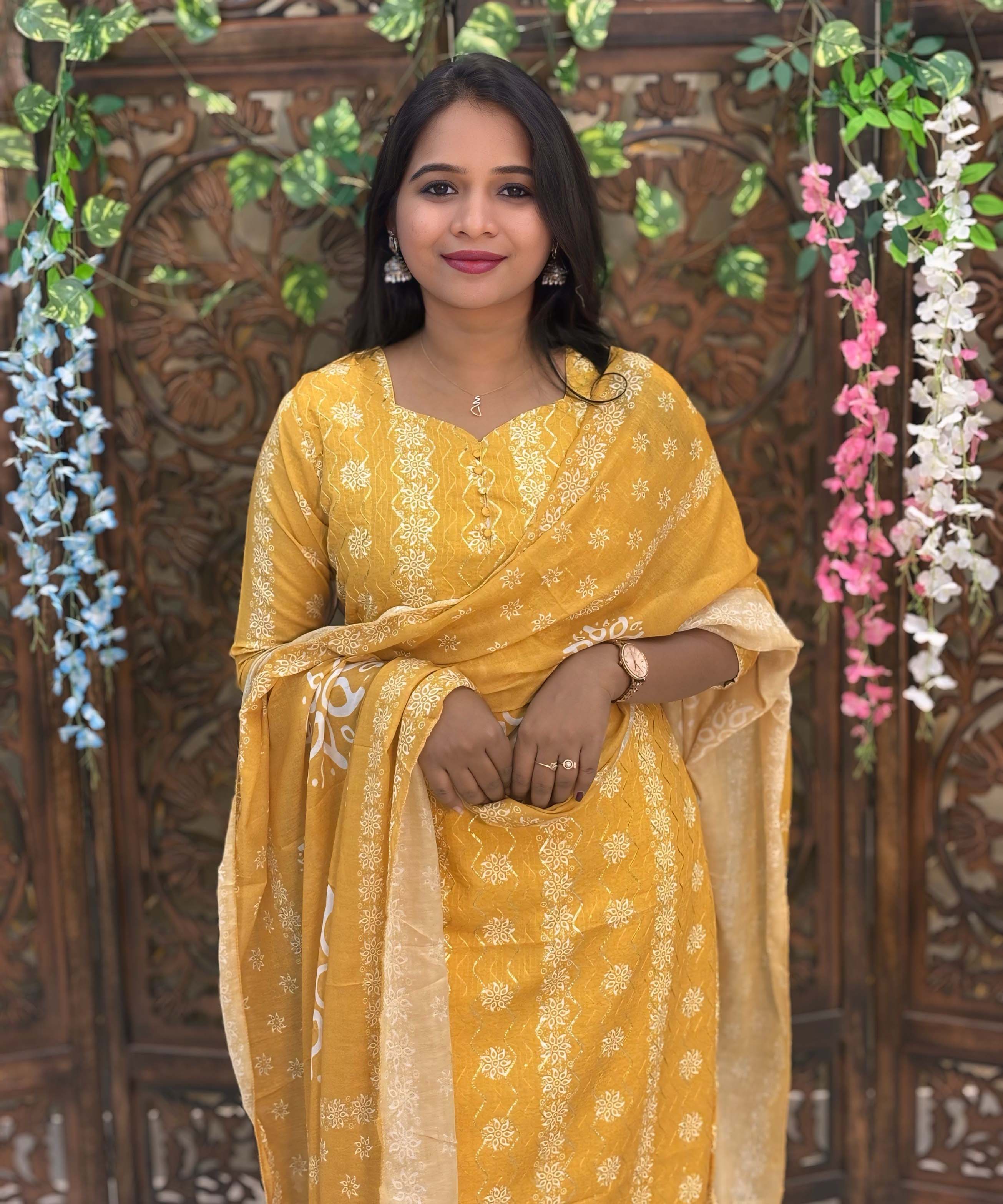 Yellow Color Premium Batik Printed Mul Cotton Kurti and Dupatta / LSS182