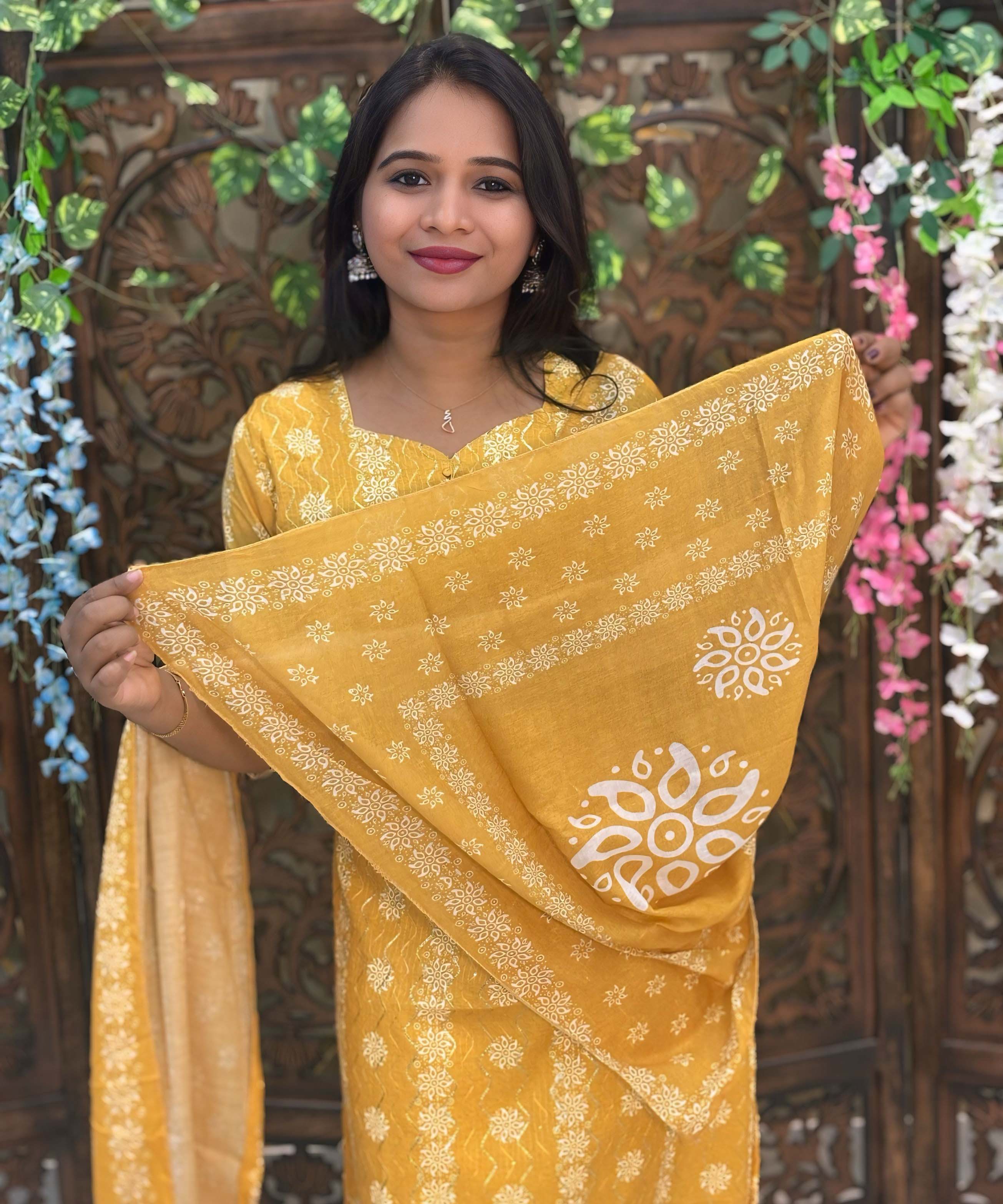 Yellow Color Premium Batik Printed Mul Cotton Kurti and Dupatta / LSS182