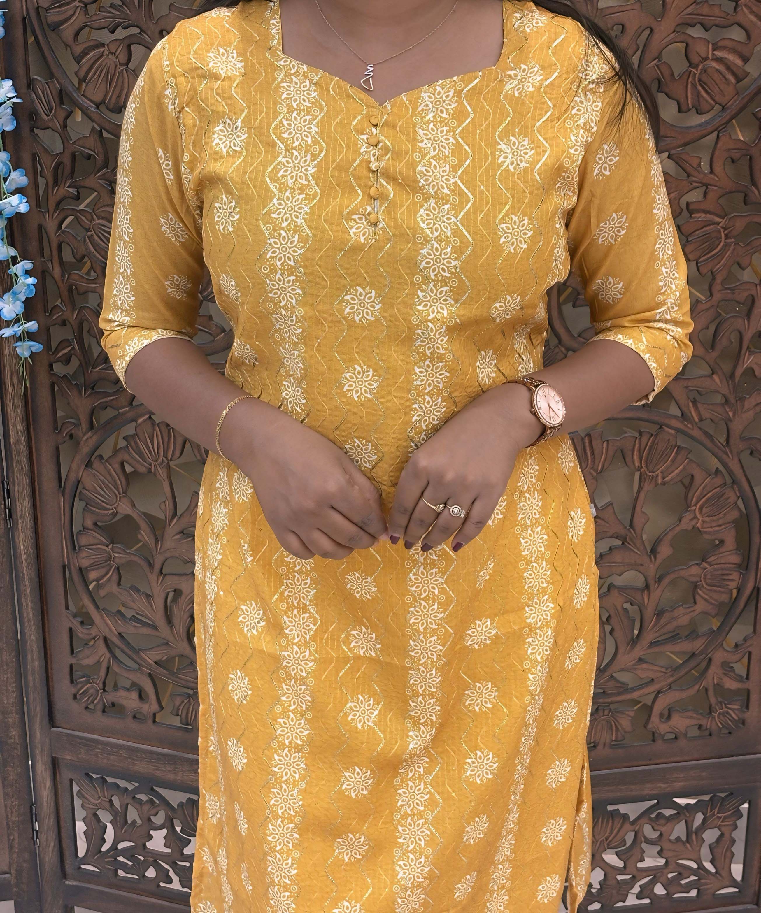 Yellow Color Premium Batik Printed Mul Cotton Kurti and Dupatta / LSS182