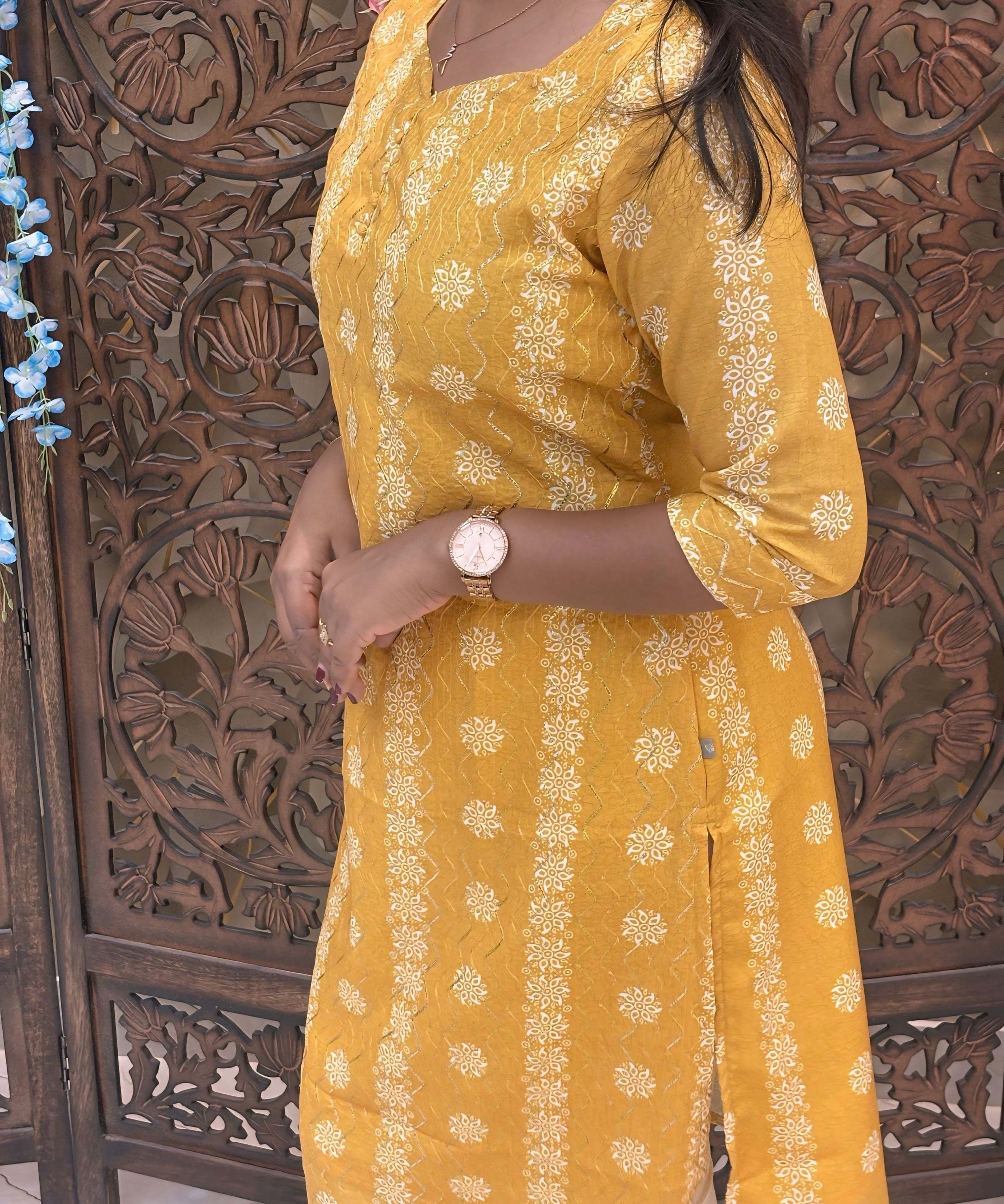 Yellow Color Premium Batik Printed Mul Cotton Kurti and Dupatta / LSS182