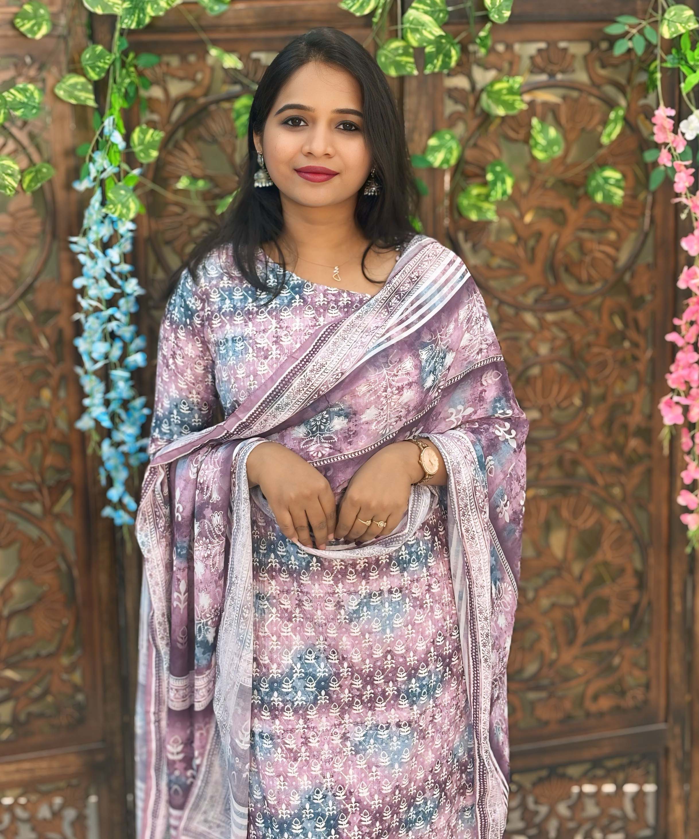 Lavender and indigo Blue Color Potli Pattern Premium Batik Printed Mul Cotton Kurti and Dupatta / LSS182
