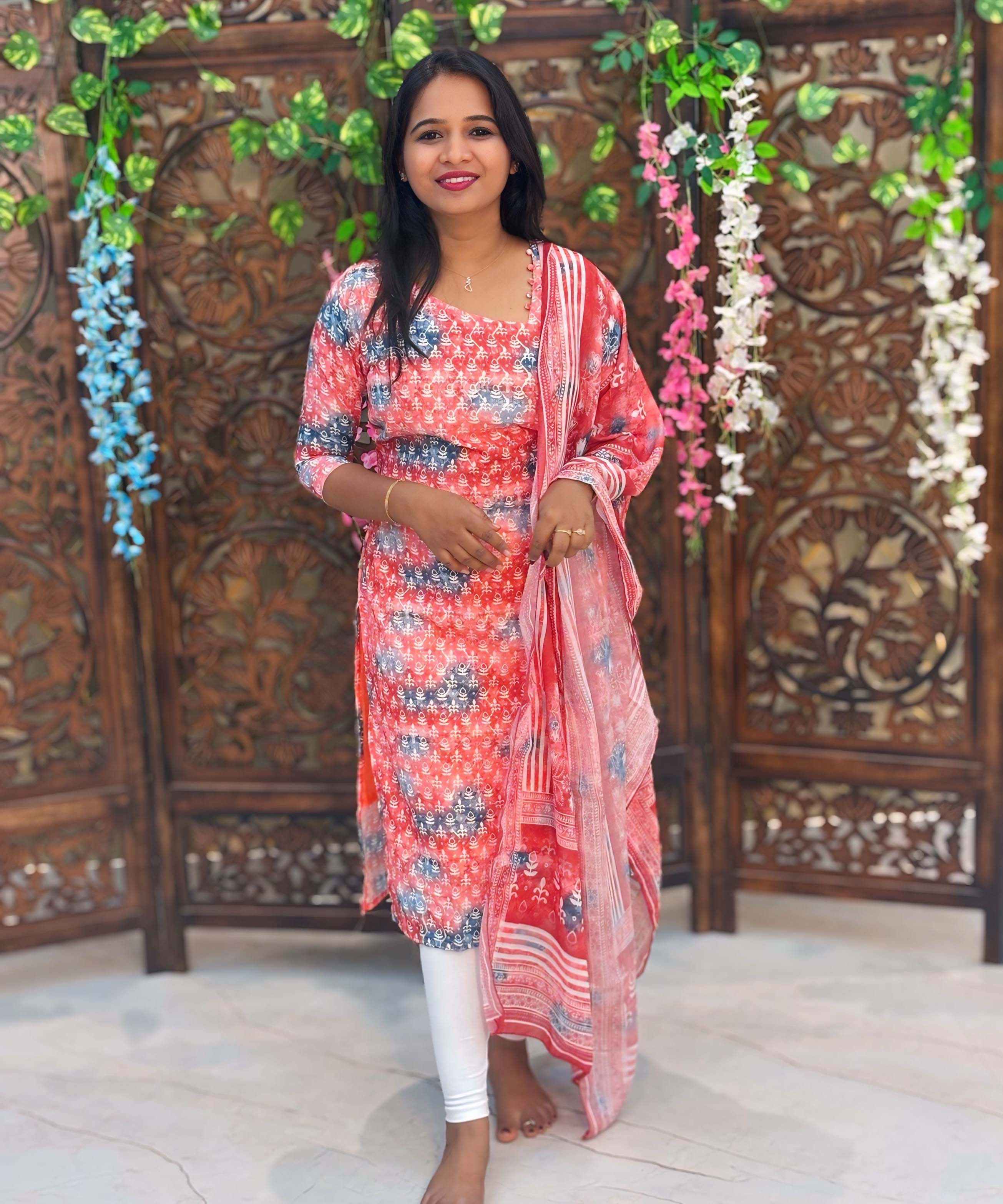 Orange and Blue Color Potli Pattern Premium Batik Printed Mul Cotton Kurti and Dupatta / LSS182