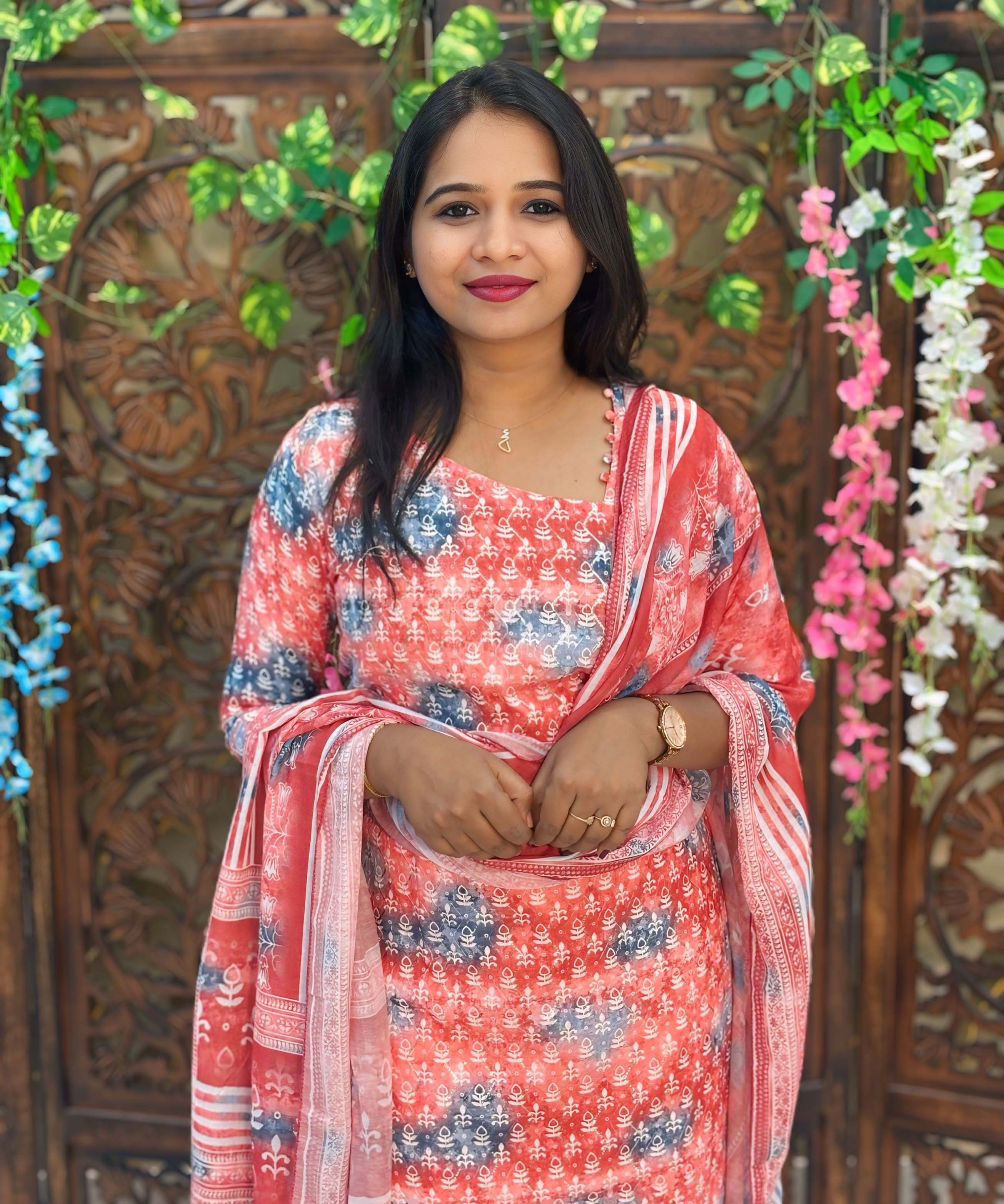 Orange and Blue Color Potli Pattern Premium Batik Printed Mul Cotton Kurti and Dupatta / LSS182