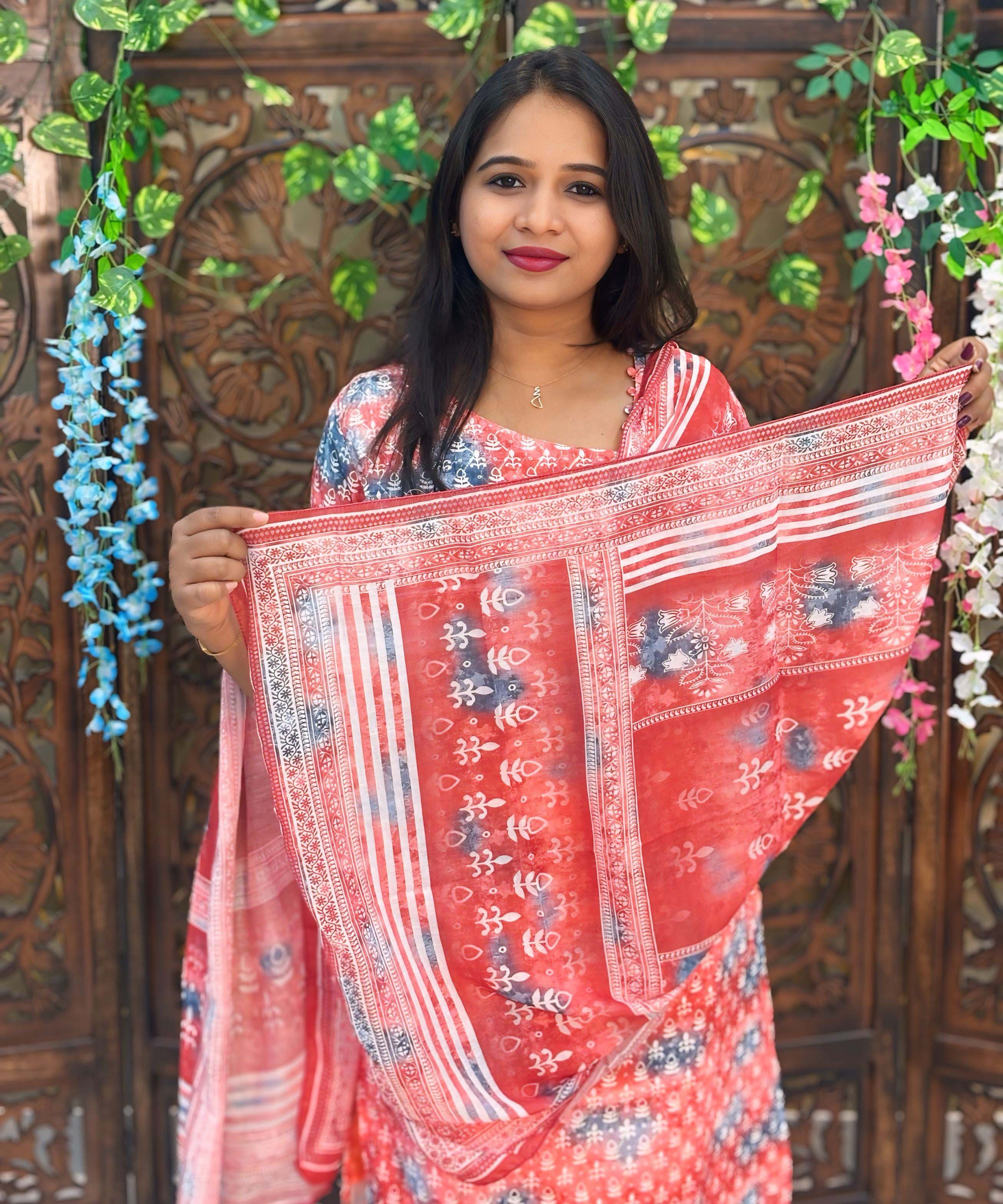 Orange and Blue Color Potli Pattern Premium Batik Printed Mul Cotton Kurti and Dupatta / LSS182
