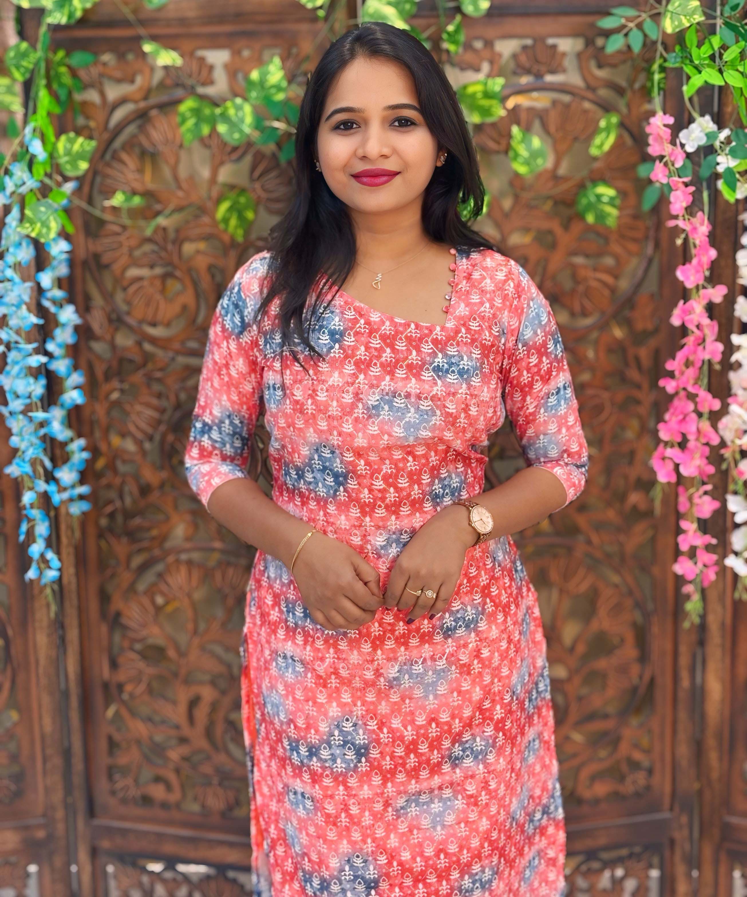 Orange and Blue Color Potli Pattern Premium Batik Printed Mul Cotton Kurti and Dupatta / LSS182