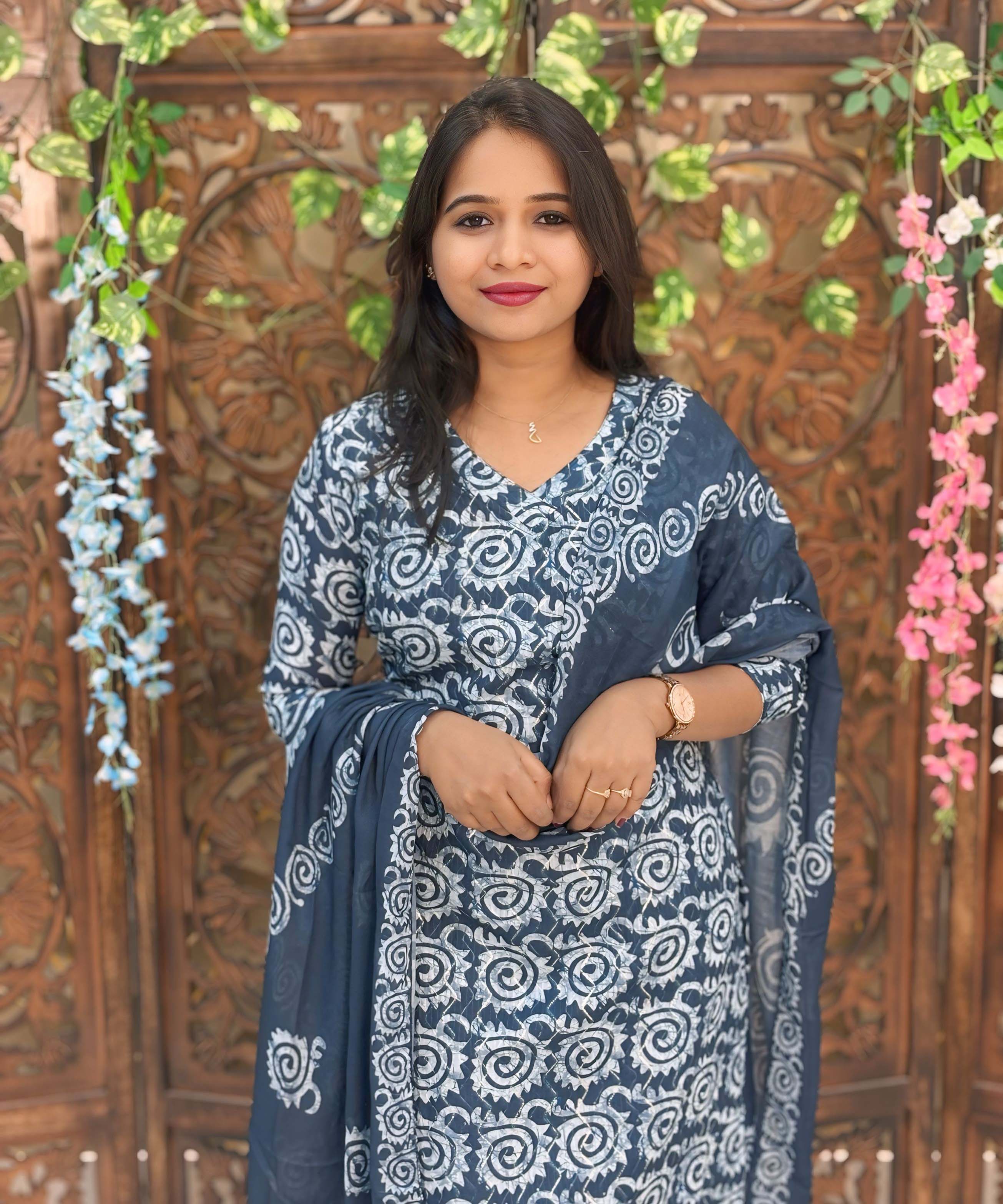 Navy Blue and Lite Blue Color Premium Batik Printed Mul Cotton Kurti and Dupatta / LSS182