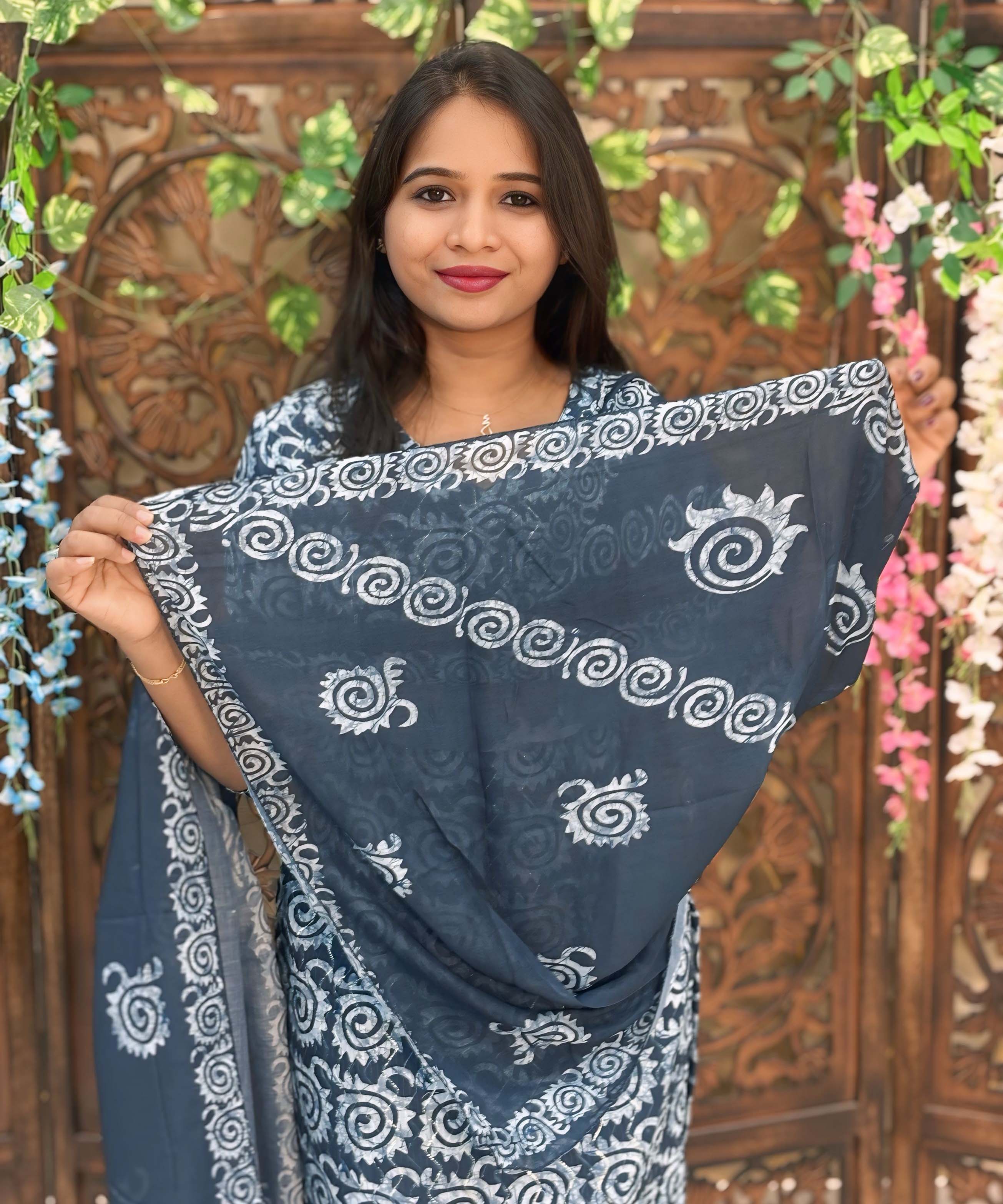 Navy Blue and Lite Blue Color Premium Batik Printed Mul Cotton Kurti and Dupatta / LSS182