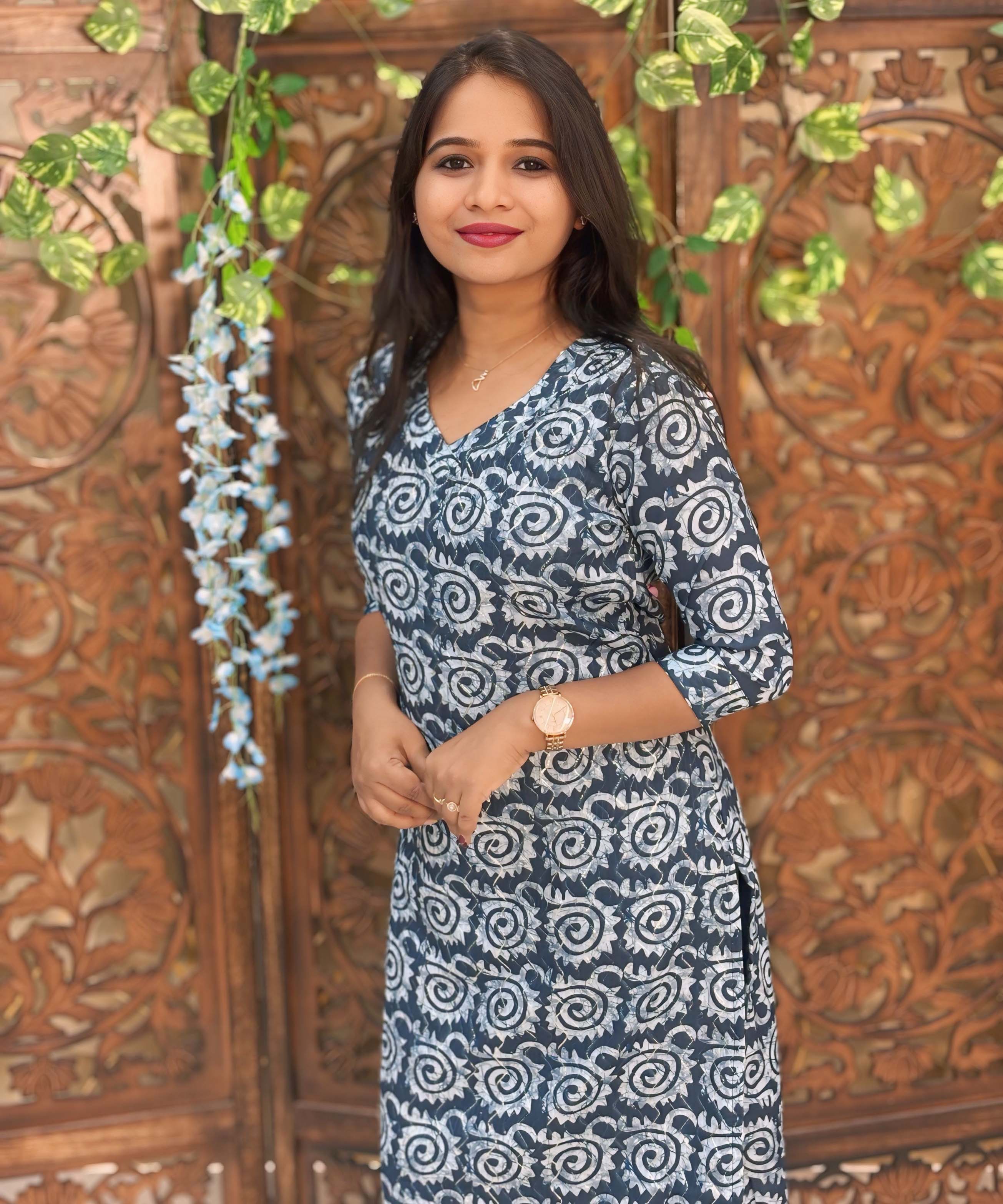 Navy Blue and Lite Blue Color Premium Batik Printed Mul Cotton Kurti and Dupatta / LSS182