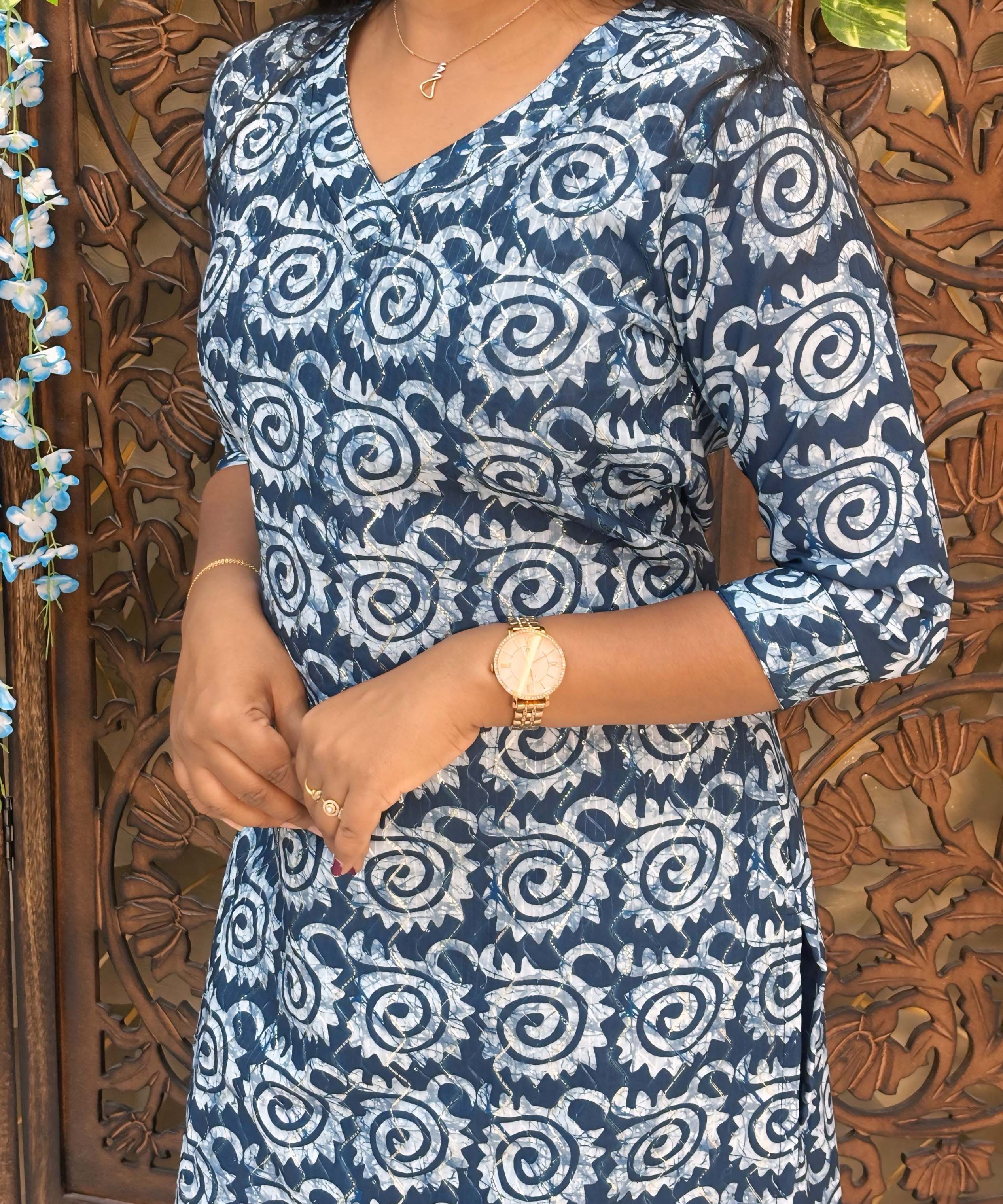 Navy Blue and Lite Blue Color Premium Batik Printed Mul Cotton Kurti and Dupatta / LSS182