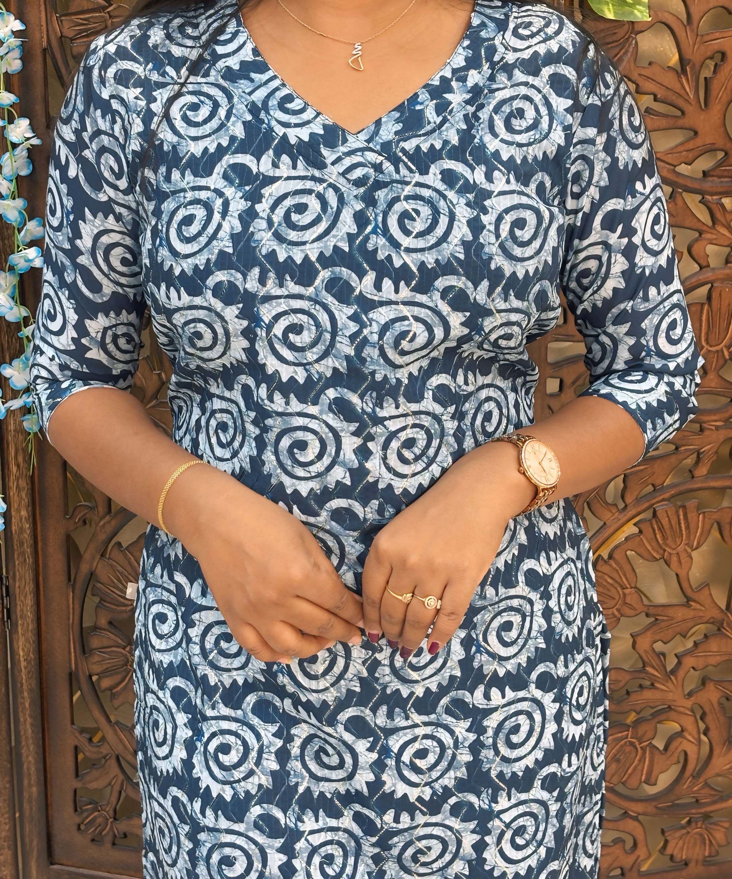 Navy Blue and Lite Blue Color Premium Batik Printed Mul Cotton Kurti and Dupatta / LSS182