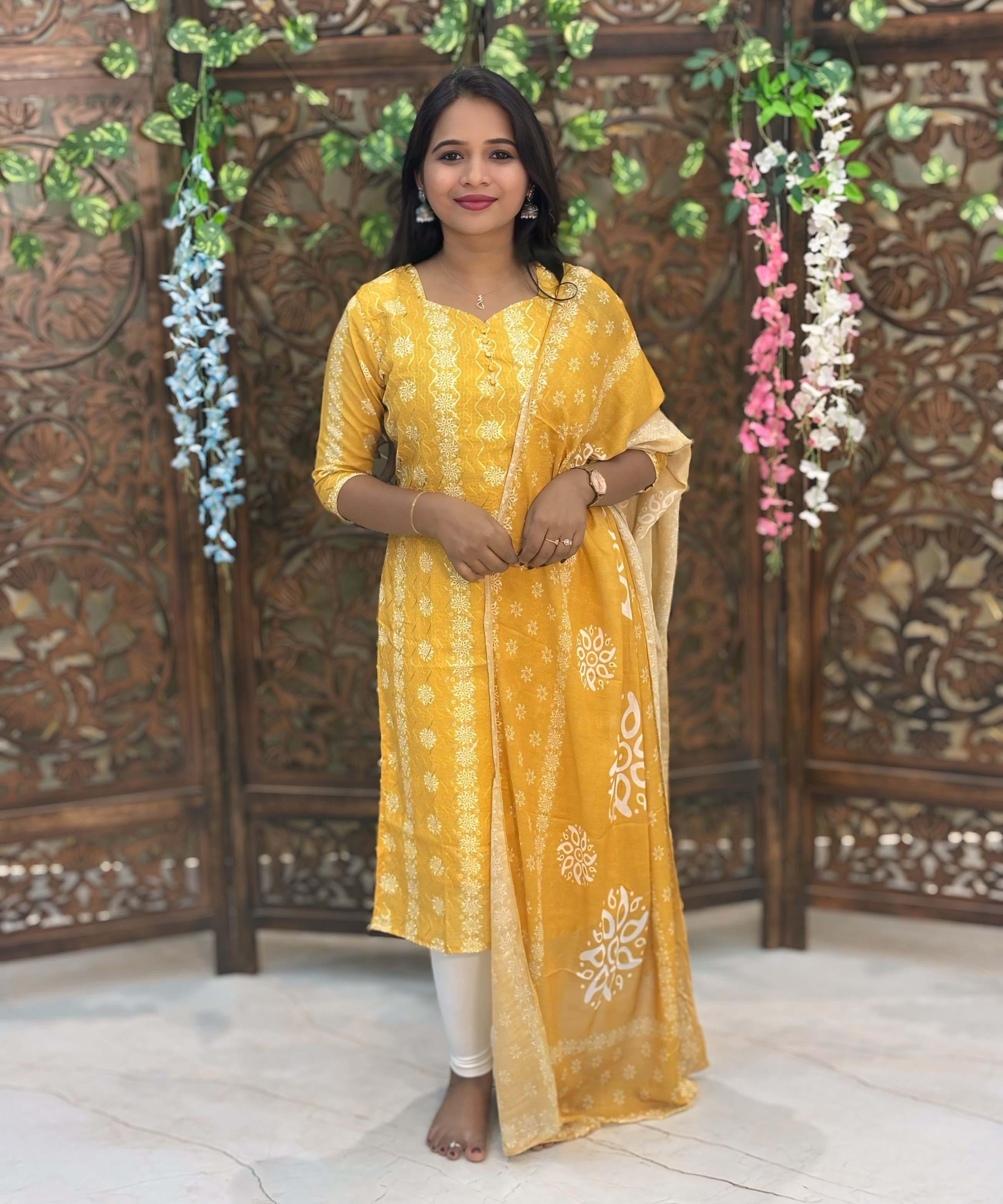 Yellow Color Premium Batik Printed Mul Cotton Kurti and Dupatta / LSS182