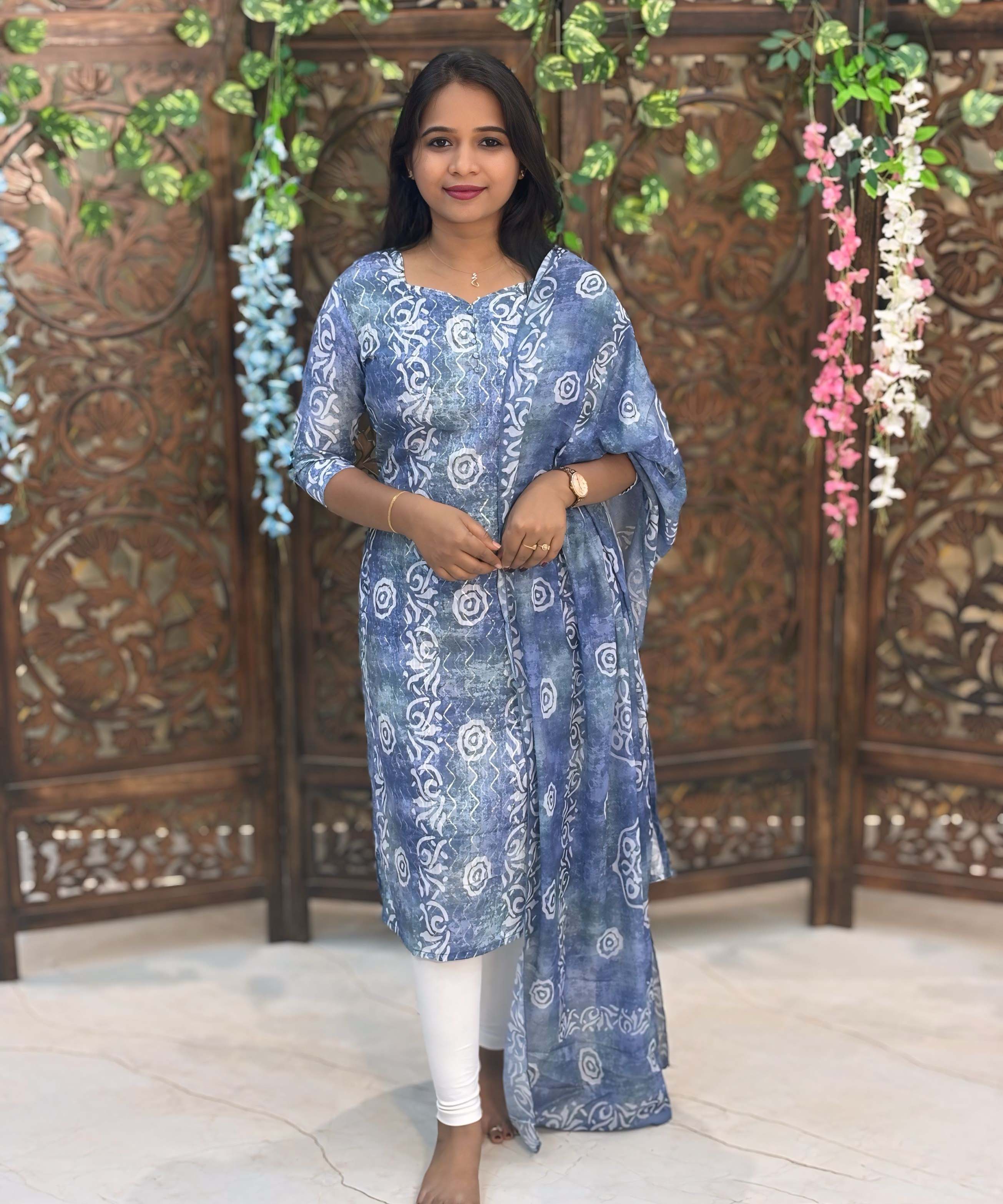 Lite Blue Color Premium Batik Printed Mul Cotton Kurti and Dupatta / LSS182
