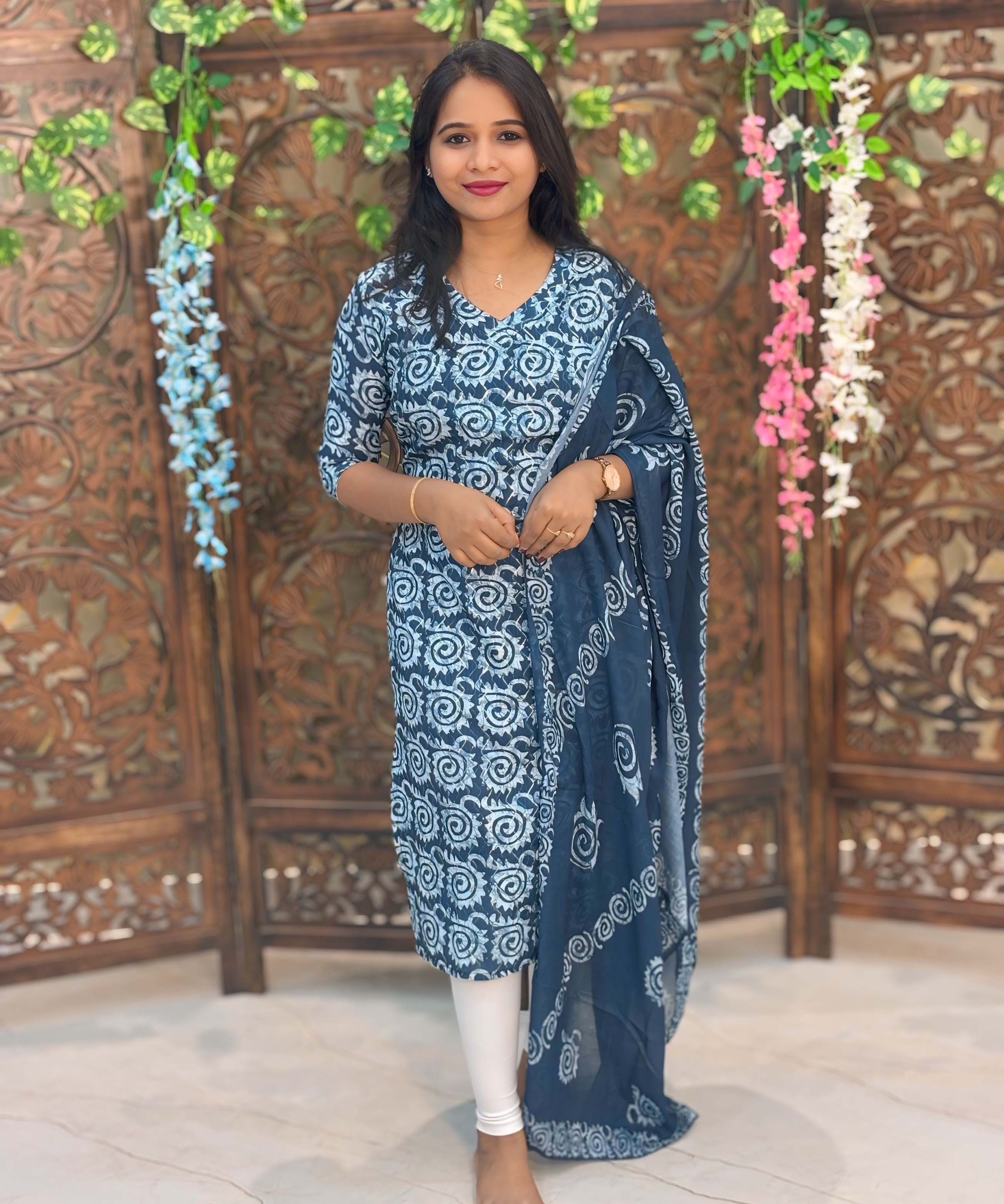 Navy Blue and Lite Blue Color Premium Batik Printed Mul Cotton Kurti and Dupatta / LSS182