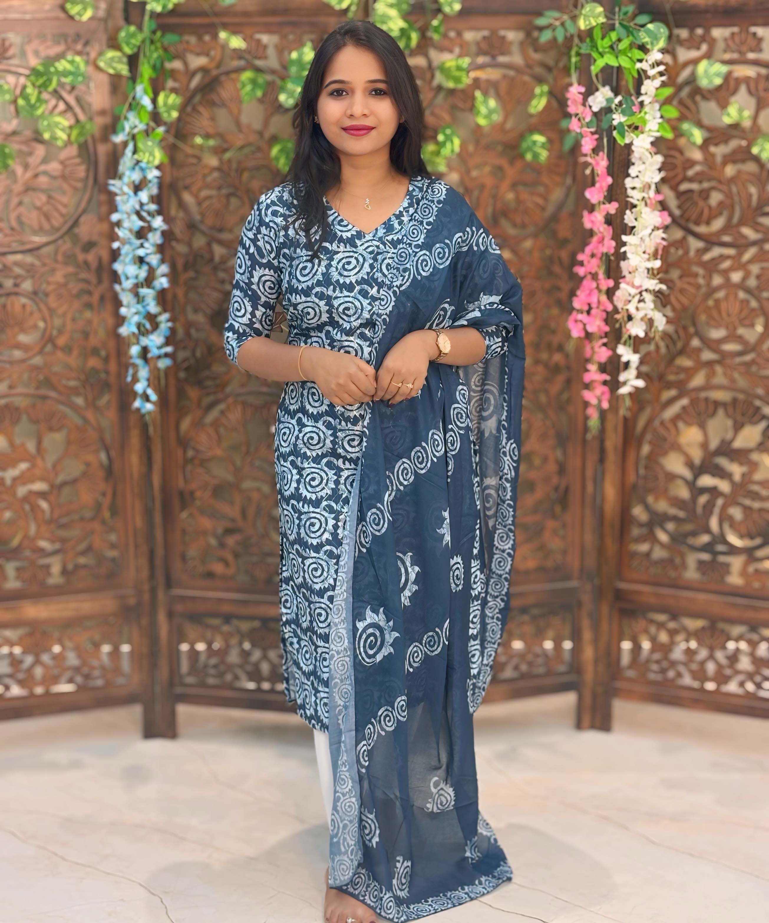 Navy Blue and Lite Blue Color Premium Batik Printed Mul Cotton Kurti and Dupatta / LSS182