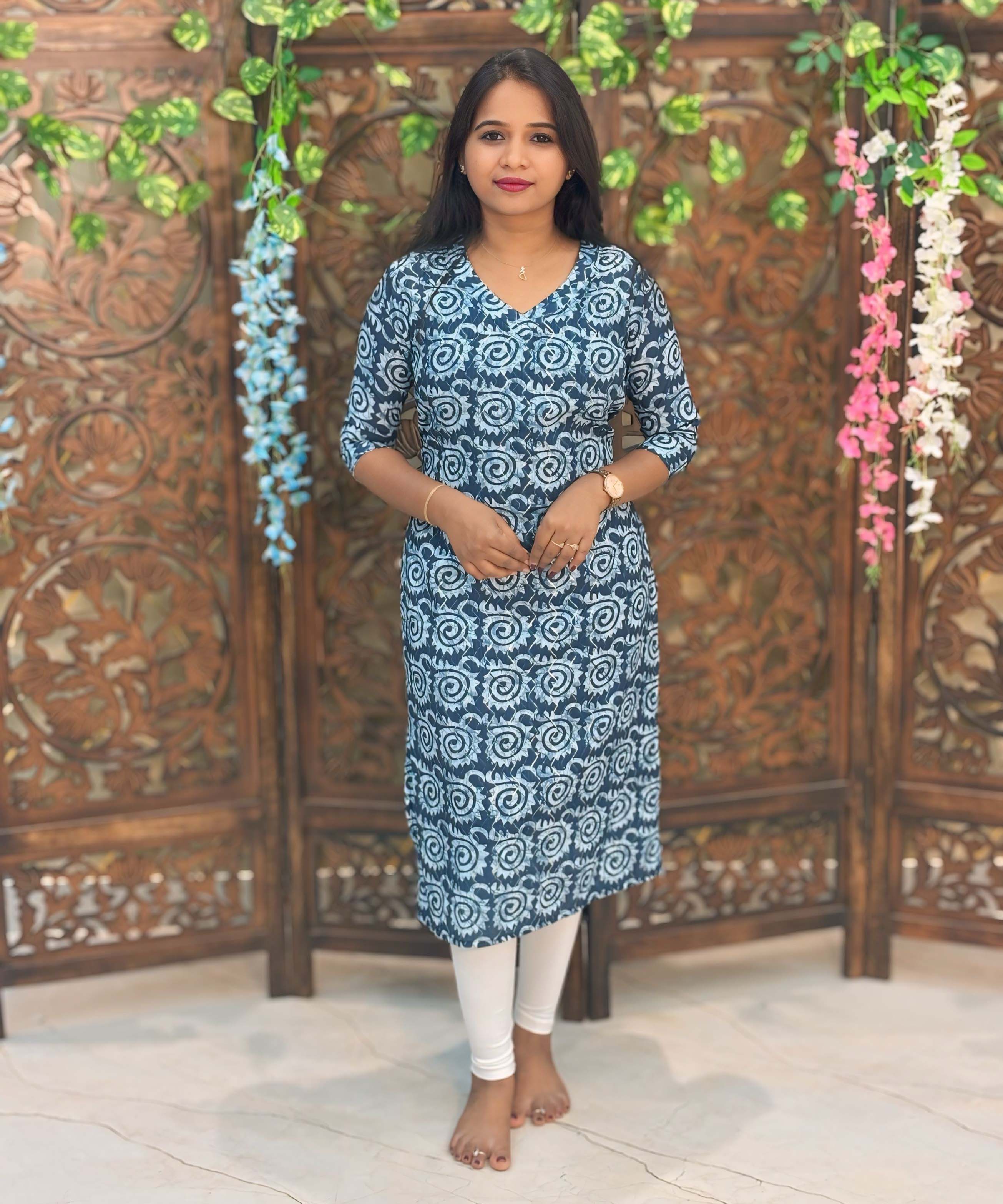 Navy Blue and Lite Blue Color Premium Batik Printed Mul Cotton Kurti and Dupatta / LSS182