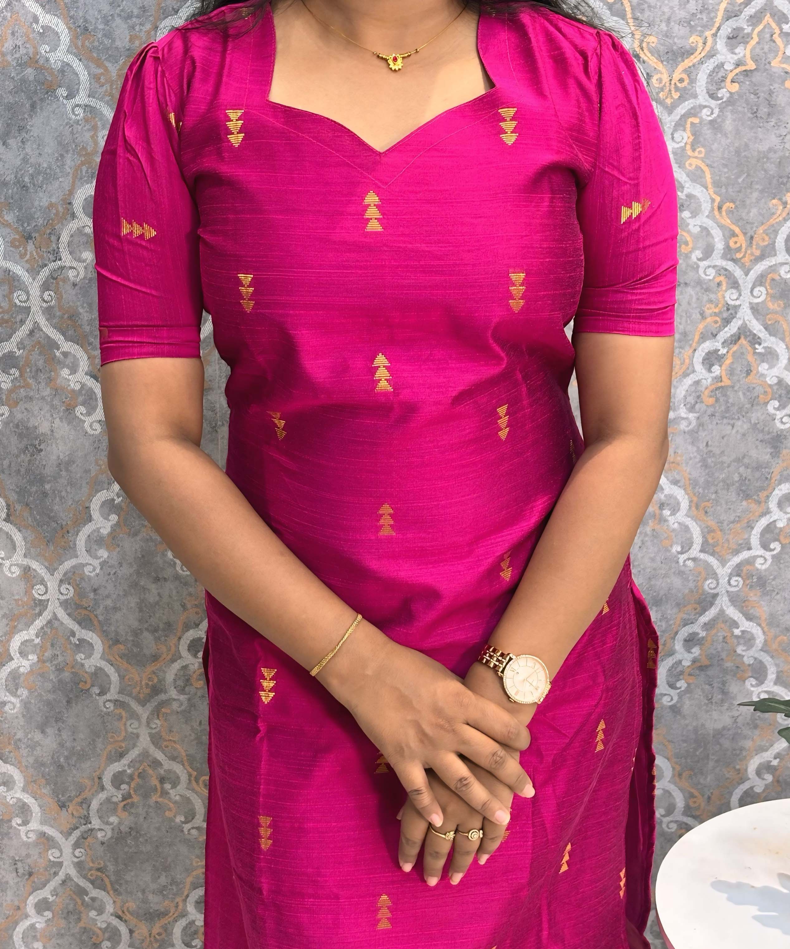 Dark Pink Color Sweetheart Neck Premium Dupion Raw Silk Kurti with Big Zari Butta & Lining / LSS186