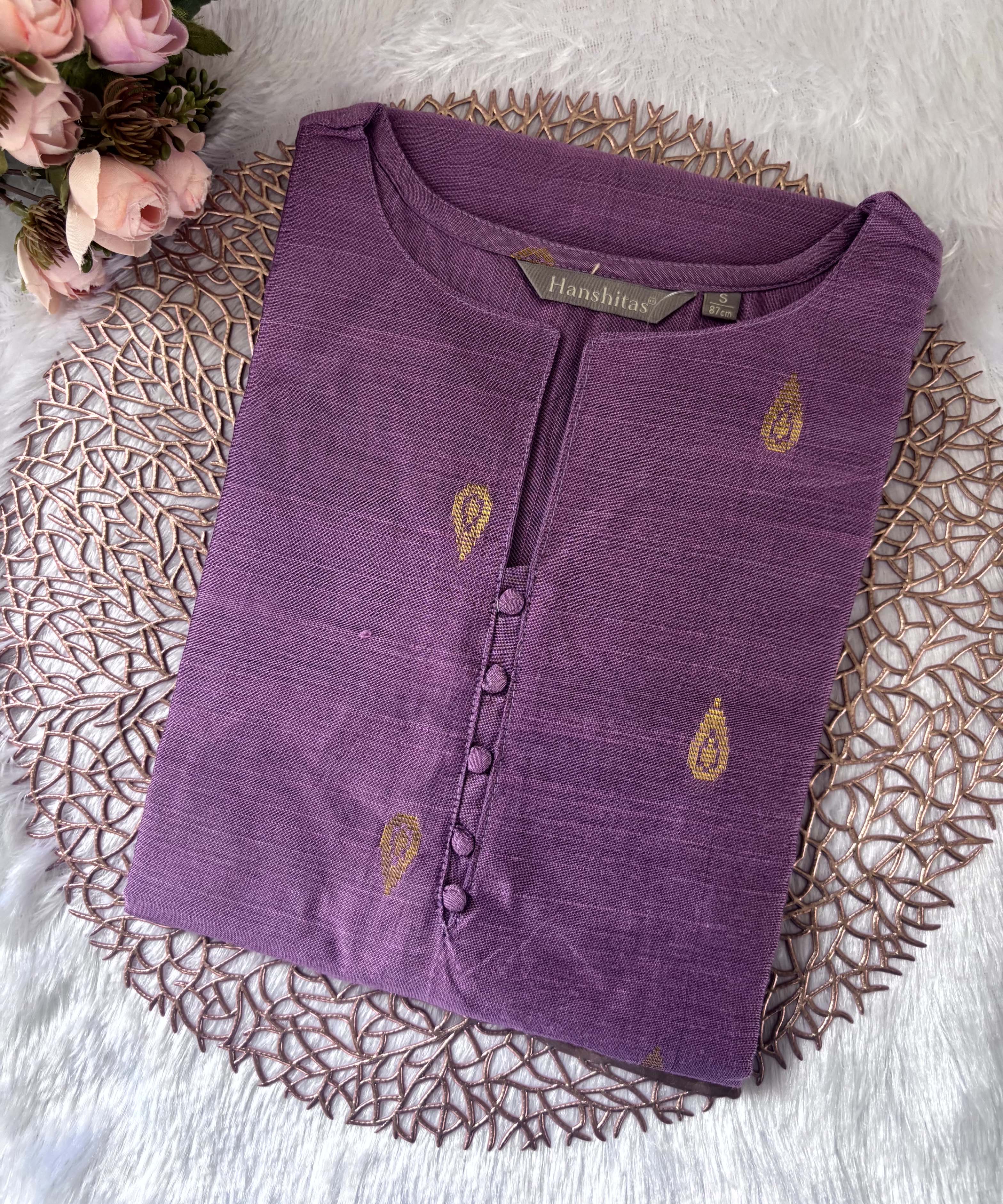 Violet Color Round Neck Premium Dupion Raw Silk Kurti with Thilagam Shape Zari Butta & Lining / LSS186