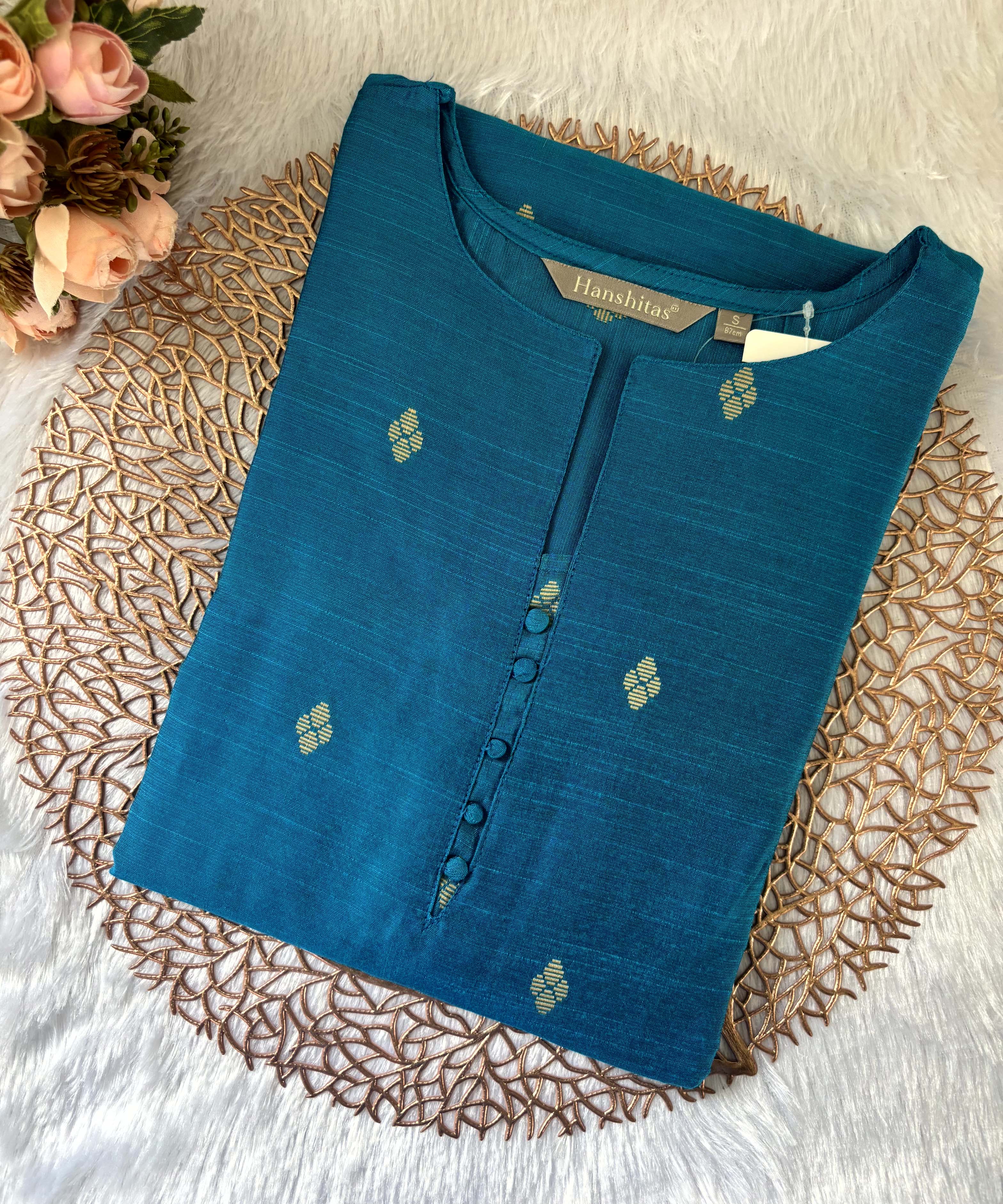 Sky Blue Color Round Neck Premium Dupion Raw Silk Kurti with Small Zari Butta & Lining / LSS186