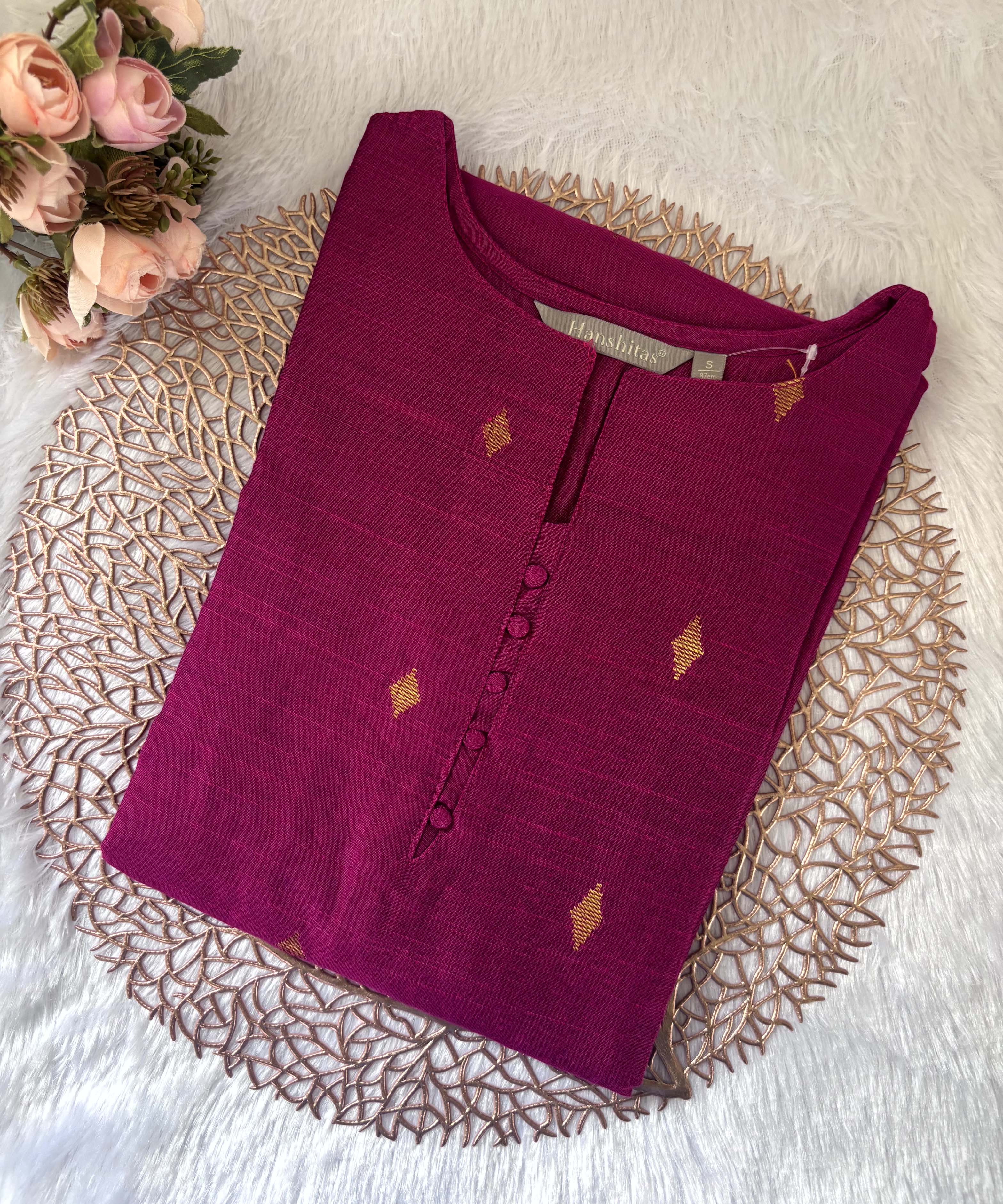 Dark Pink Color Round Neck Premium Dupion Raw Silk Kurti with Big Square Zari Butta & Lining / LSS186