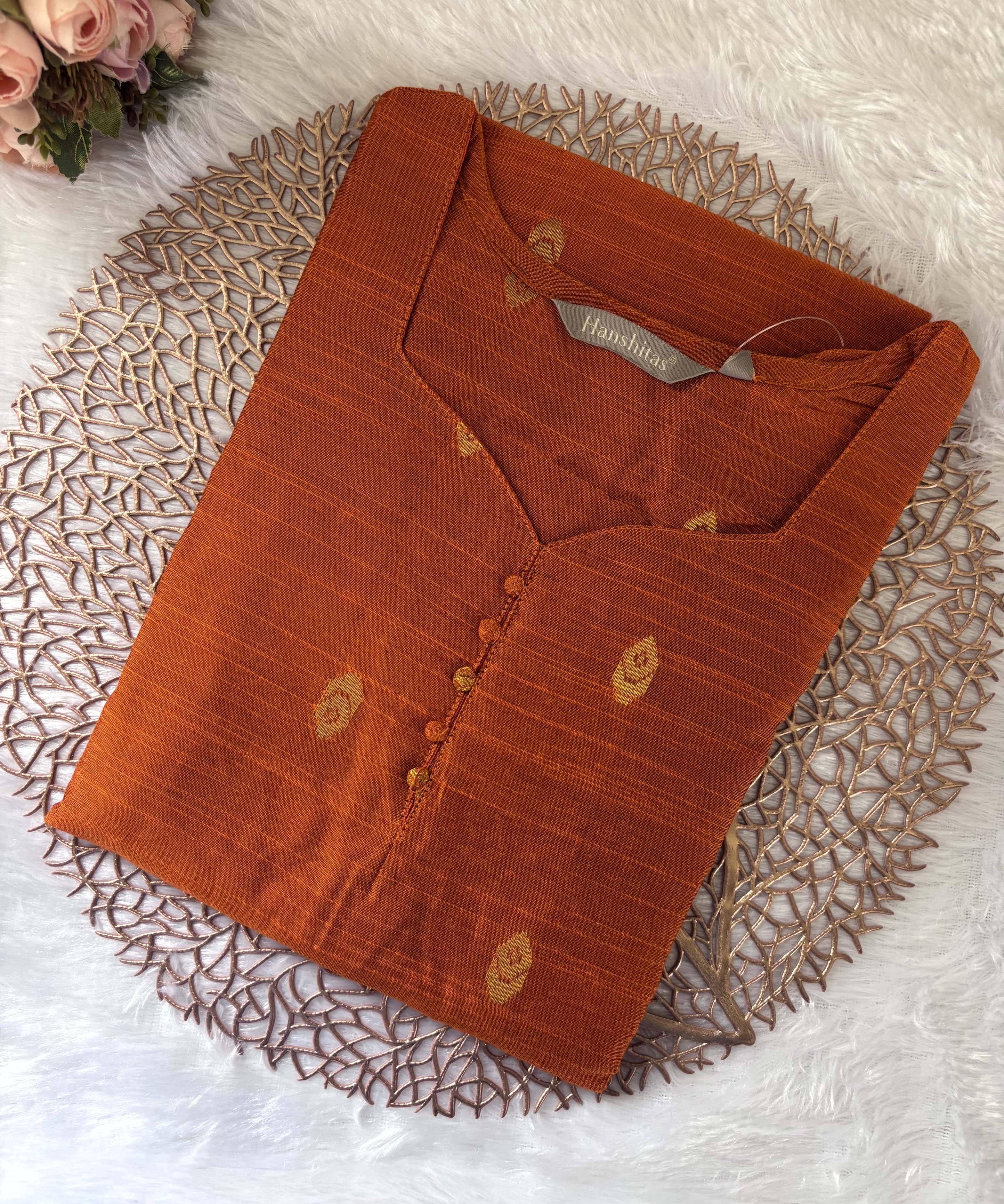 Orange Color Sweetheart Neck Premium Dupion Raw Silk Kurti with Thilagam Shape Zari Butta & Lining / LSS189