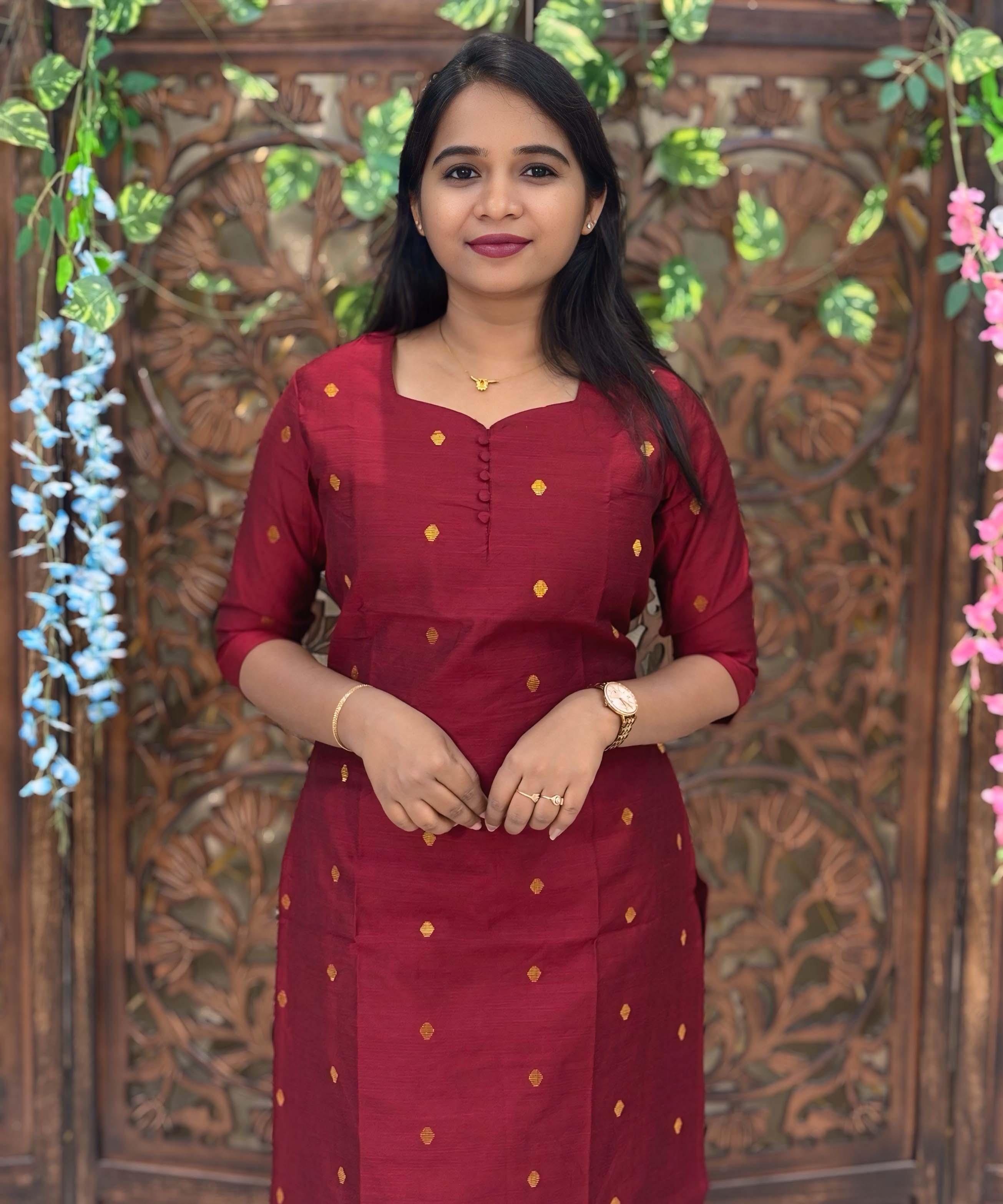 Maroon Color Sweetheart Neck Premium Dupion Raw Silk Kurti with Small Zari Butta & Lining Coord Set / LSS188