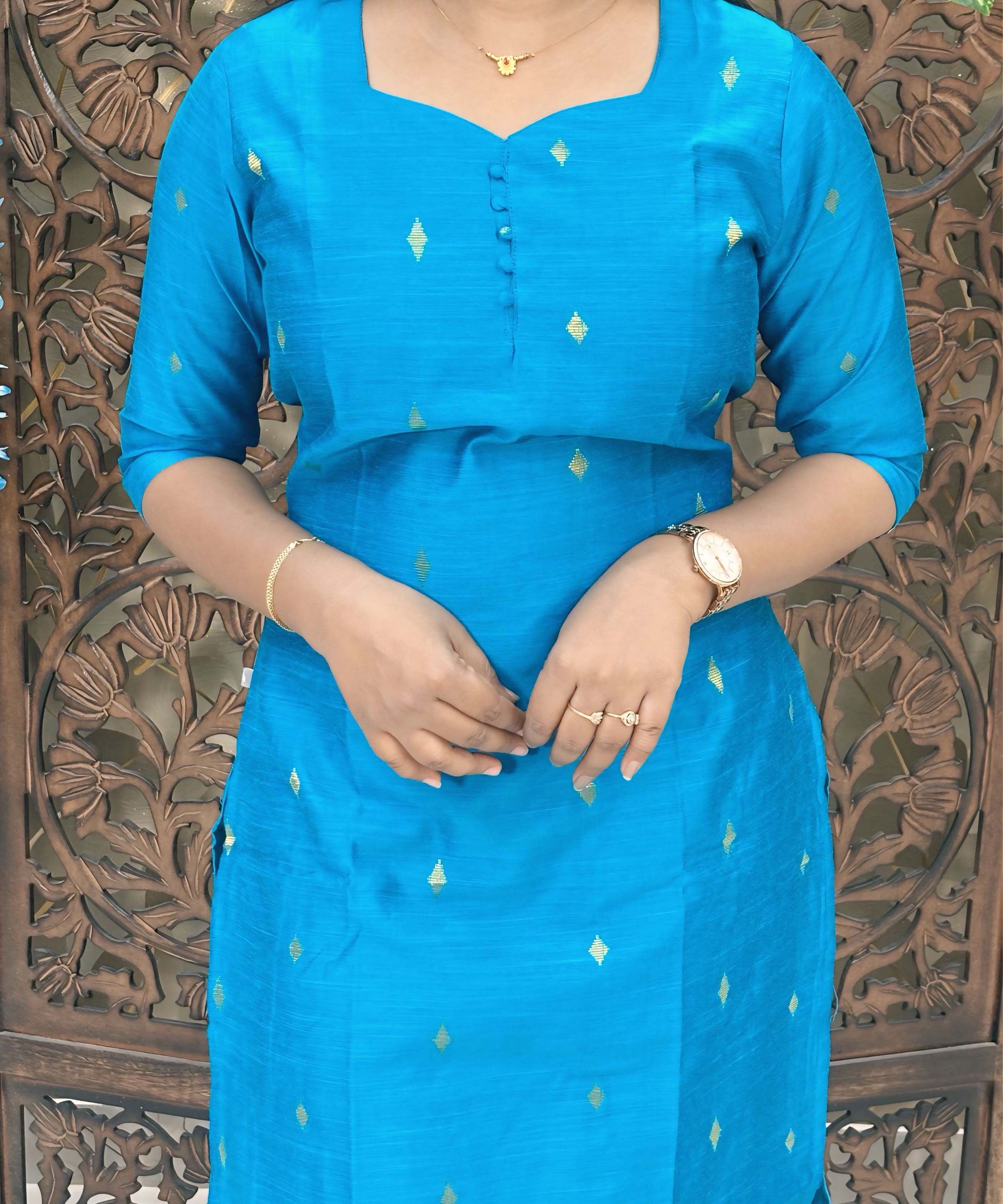 Sky Blue Color Sweetheart Neck Premium Dupion Raw Silk Kurti with Big Zari Butta & Lining / LSS189