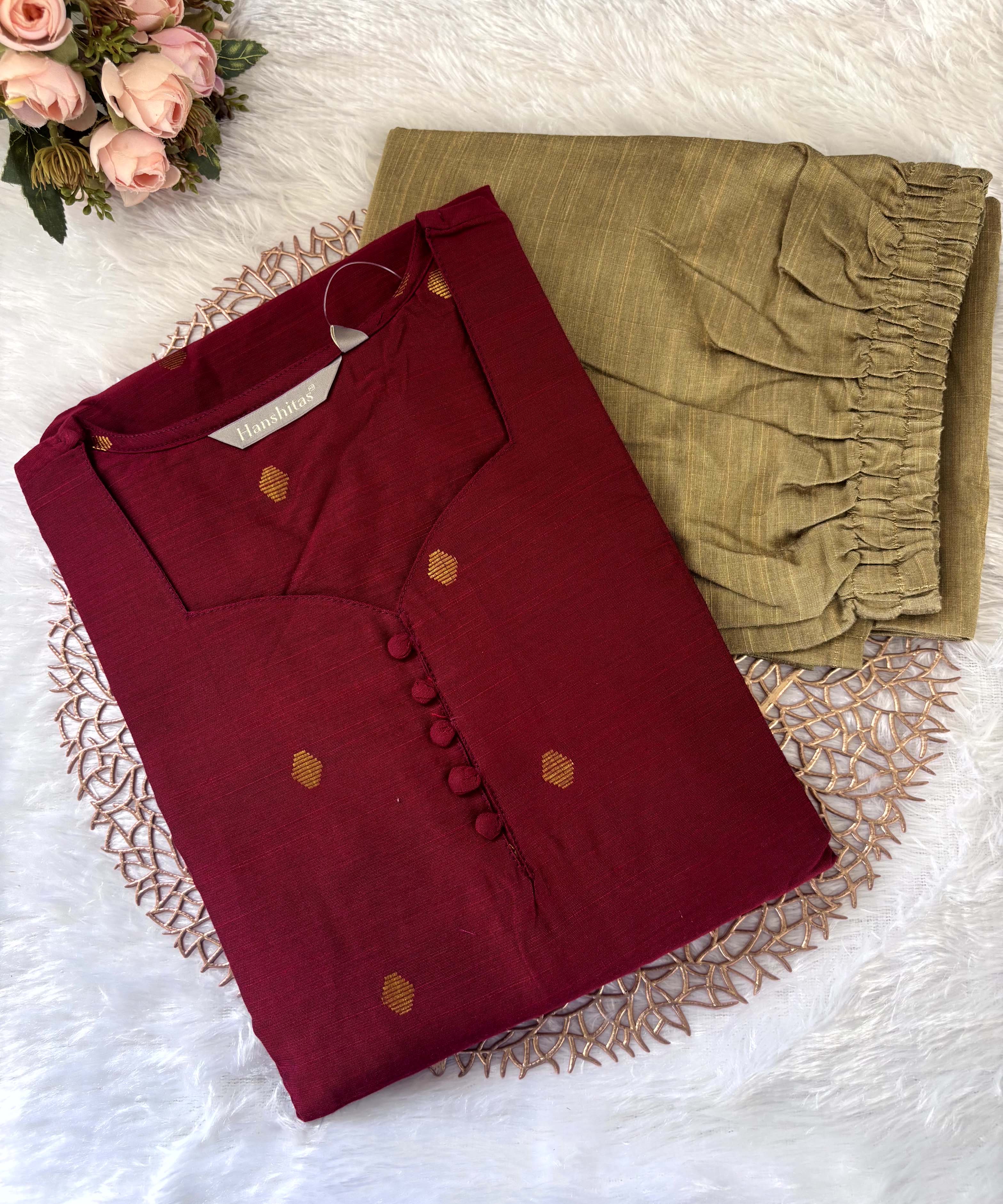Maroon Color Sweetheart Neck Premium Dupion Raw Silk Kurti with Small Zari Butta & Lining Coord Set / LSS188