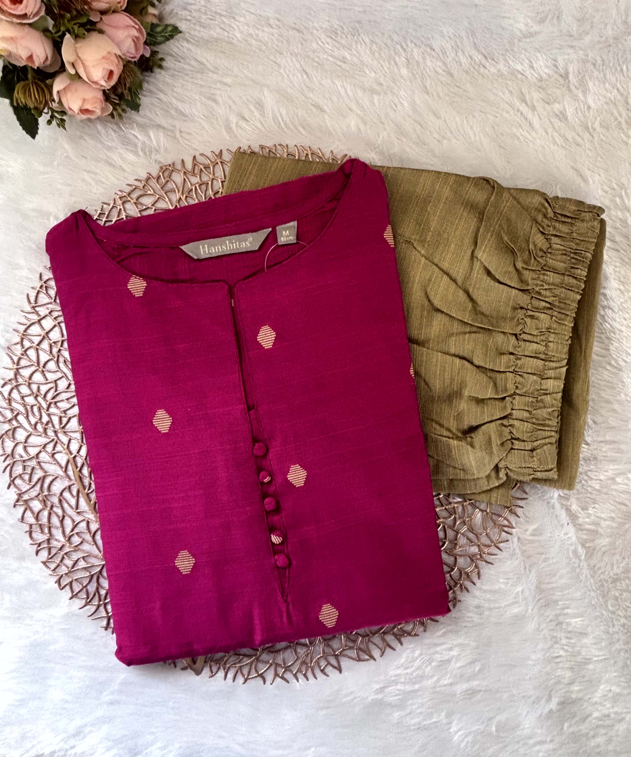 Pink Color Round Neck Premium Dupion Raw Silk Kurti with Small Round Zari Butta & Lining Coord Set / LSS187