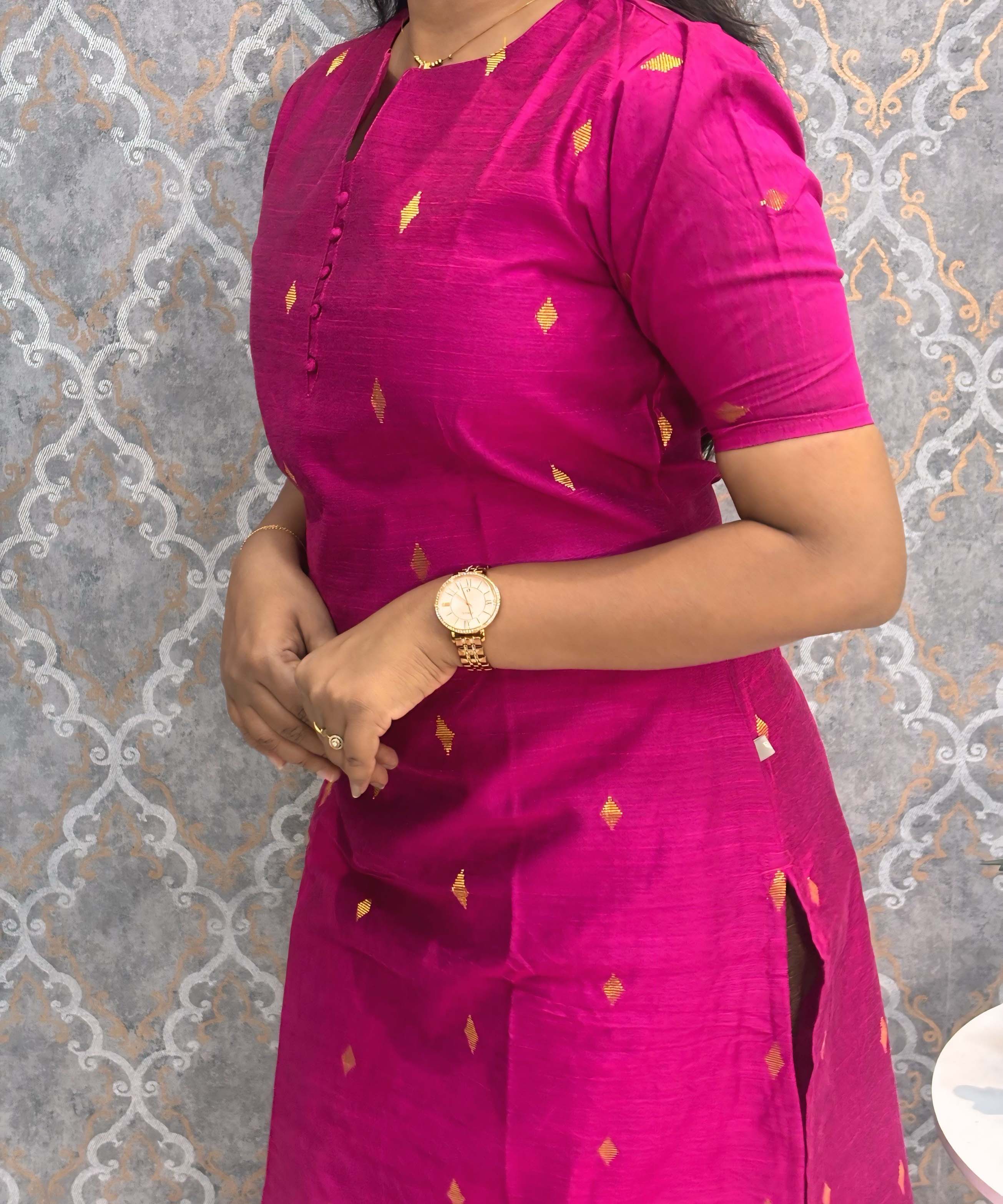 Dark Pink Color Round Neck Premium Dupion Raw Silk Kurti with Big Square Zari Butta & Lining Coord Set / LSS187