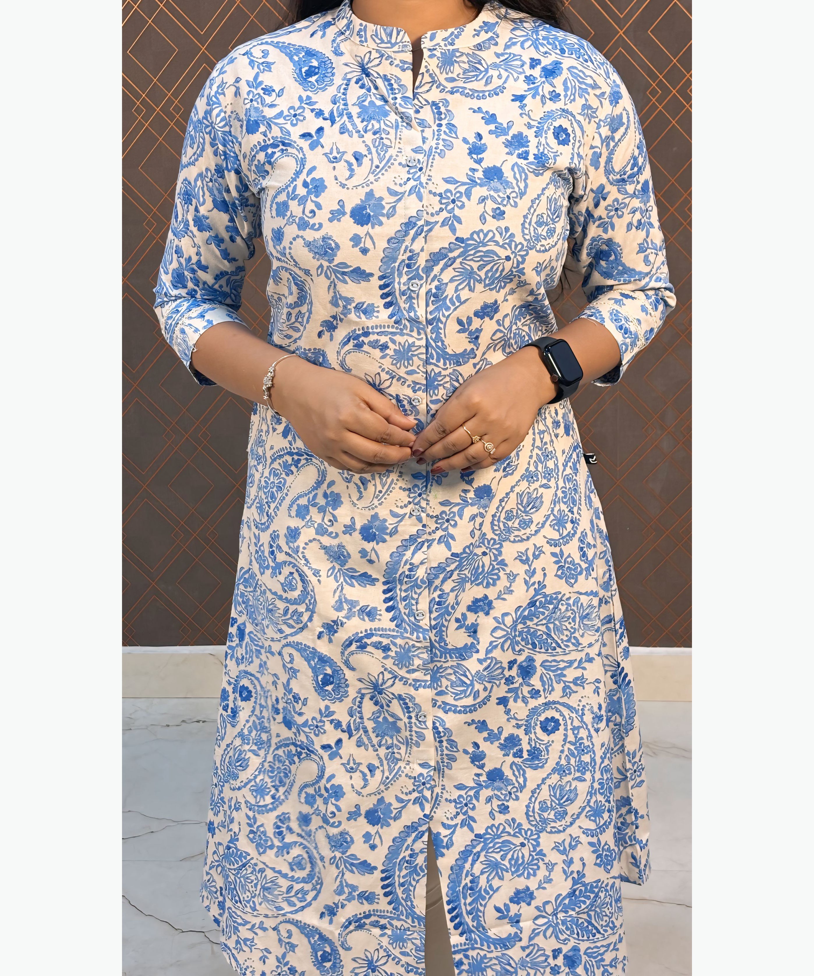 Blue and Half White Color Floral Design Premium Flex Cotton Aline Kurti with Pocket / LSS163