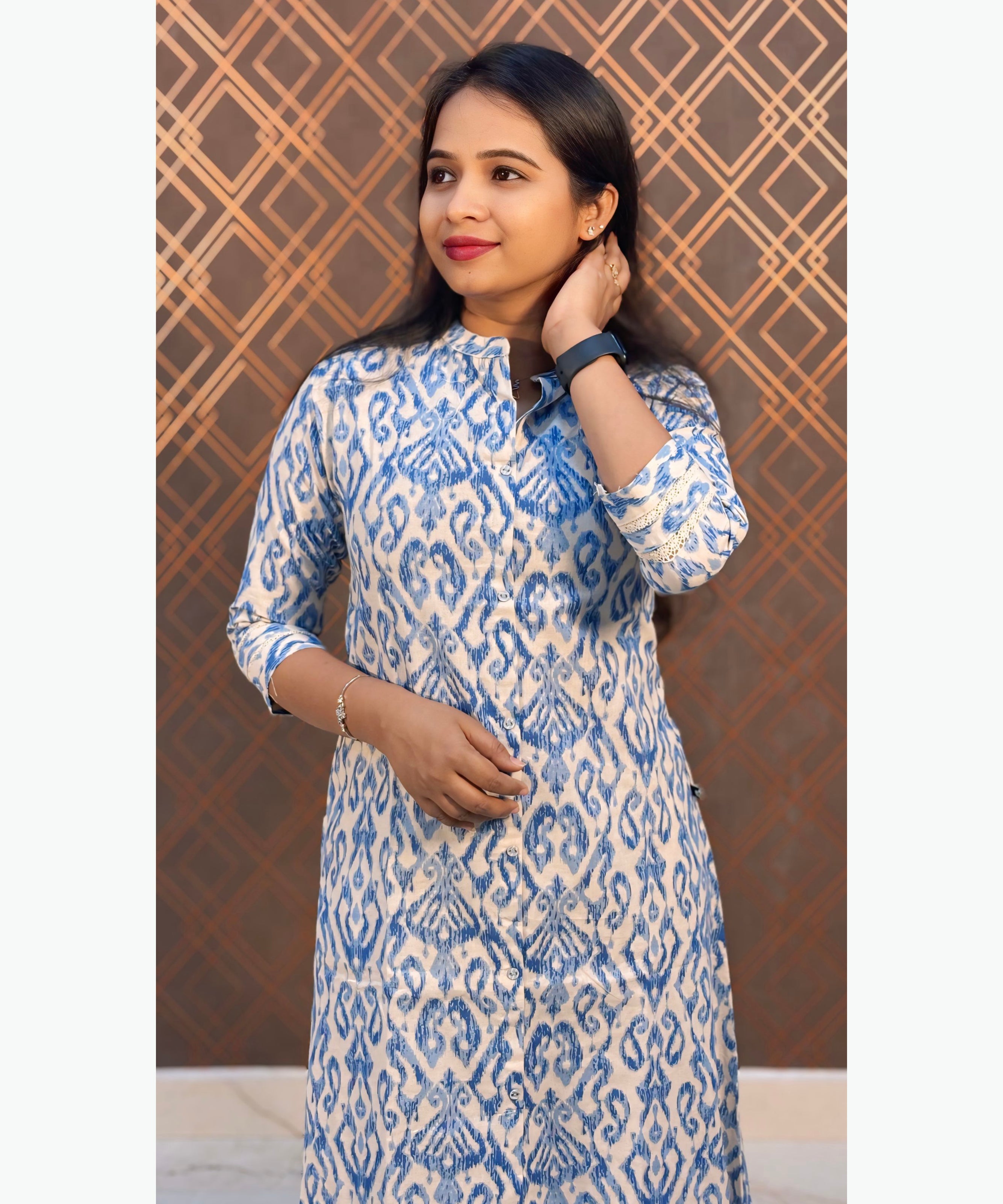 Blue and Half White Color Premium Flex Cotton Aline Kurti with Pocket / LSS163