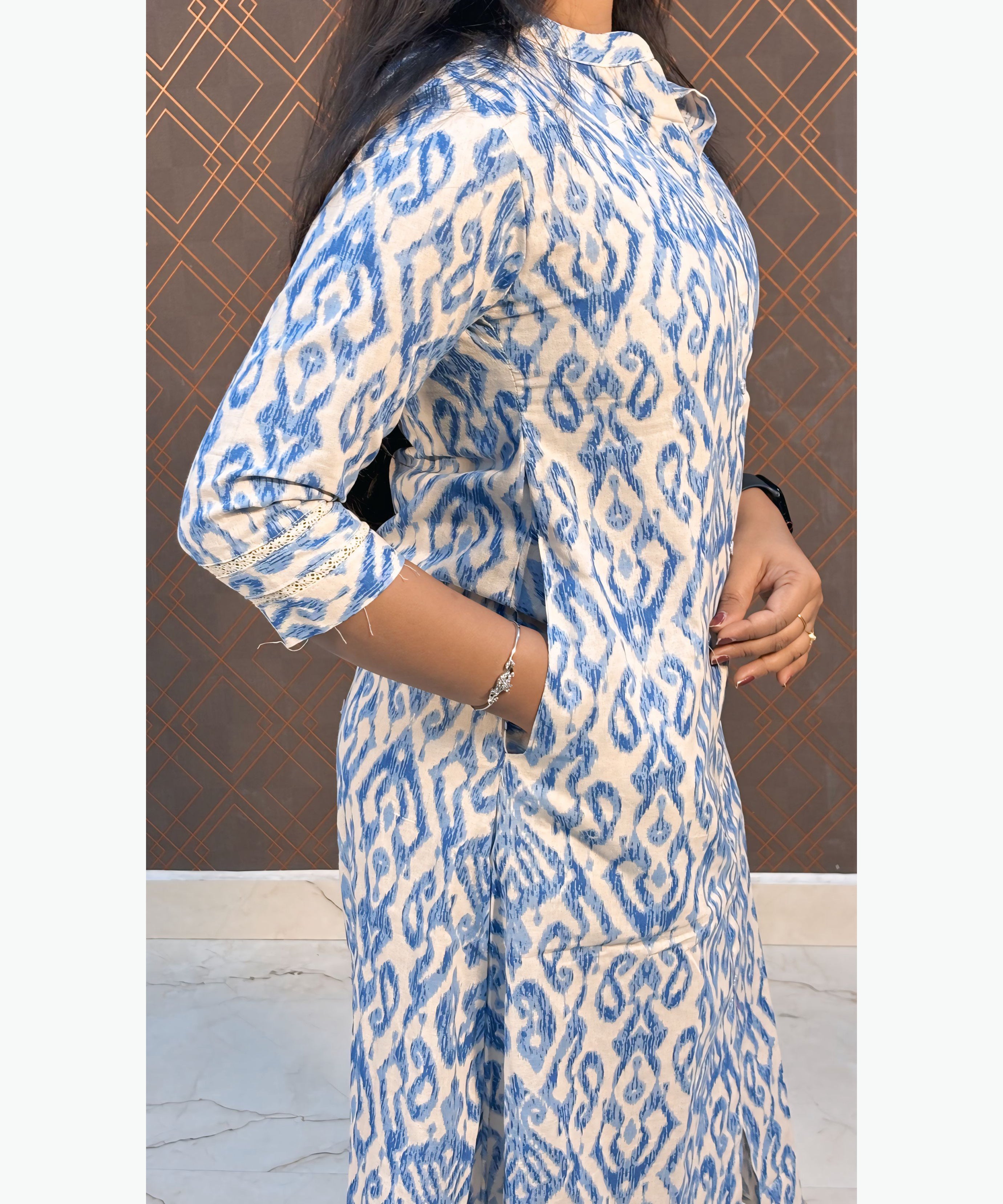 Blue and Half White Color Premium Flex Cotton Aline Kurti with Pocket / LSS163