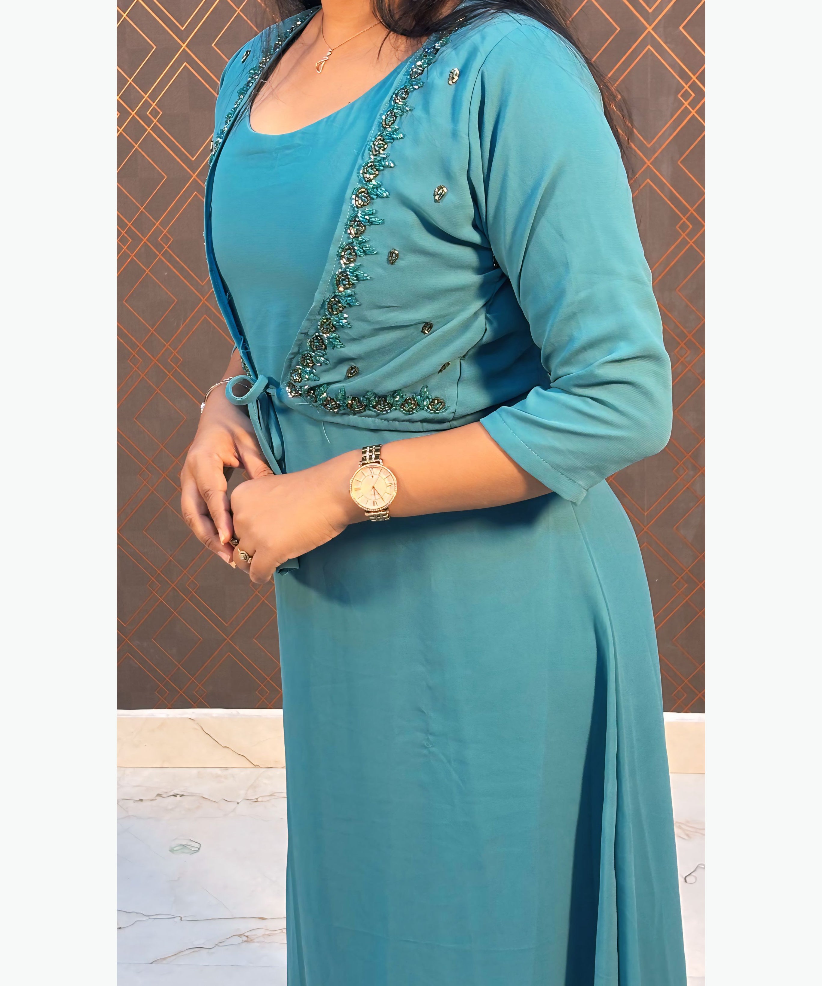 Blue mixed Green Color Premium Georgette Sleeveless Kurti(Crepe Lining) with Designer Jacket / MSS021