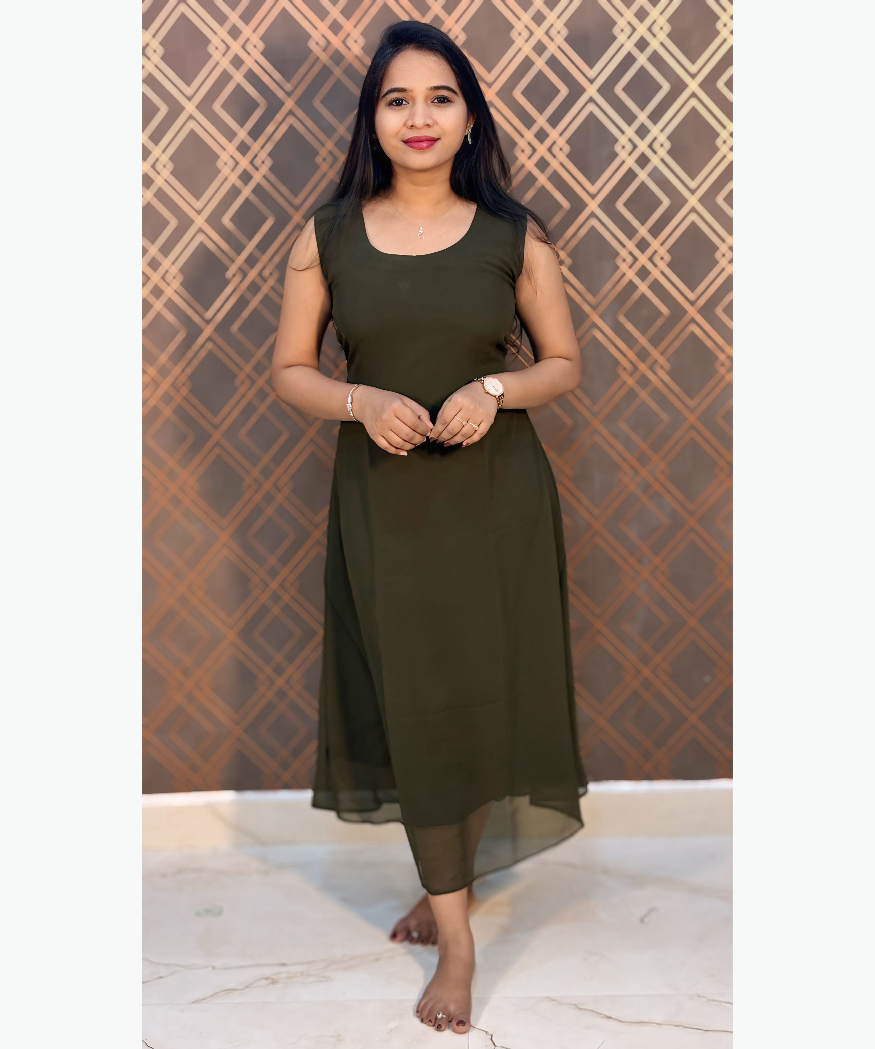 Olive Green Color Premium Georgette Sleeveless Kurti(Crepe Lining) with Designer Jacket / MSS021