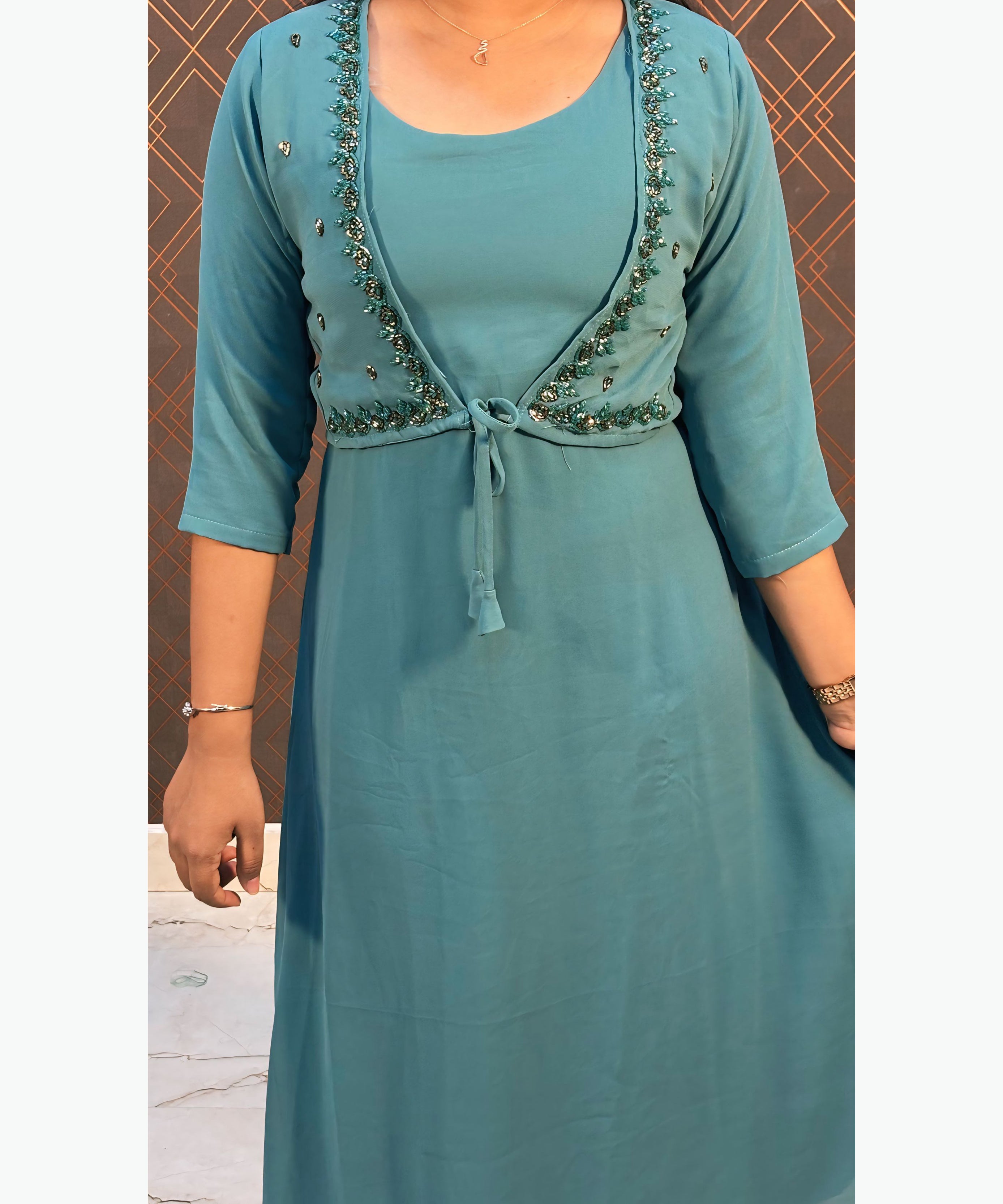 Blue mixed Green Color Premium Georgette Sleeveless Kurti(Crepe Lining) with Designer Jacket / MSS021