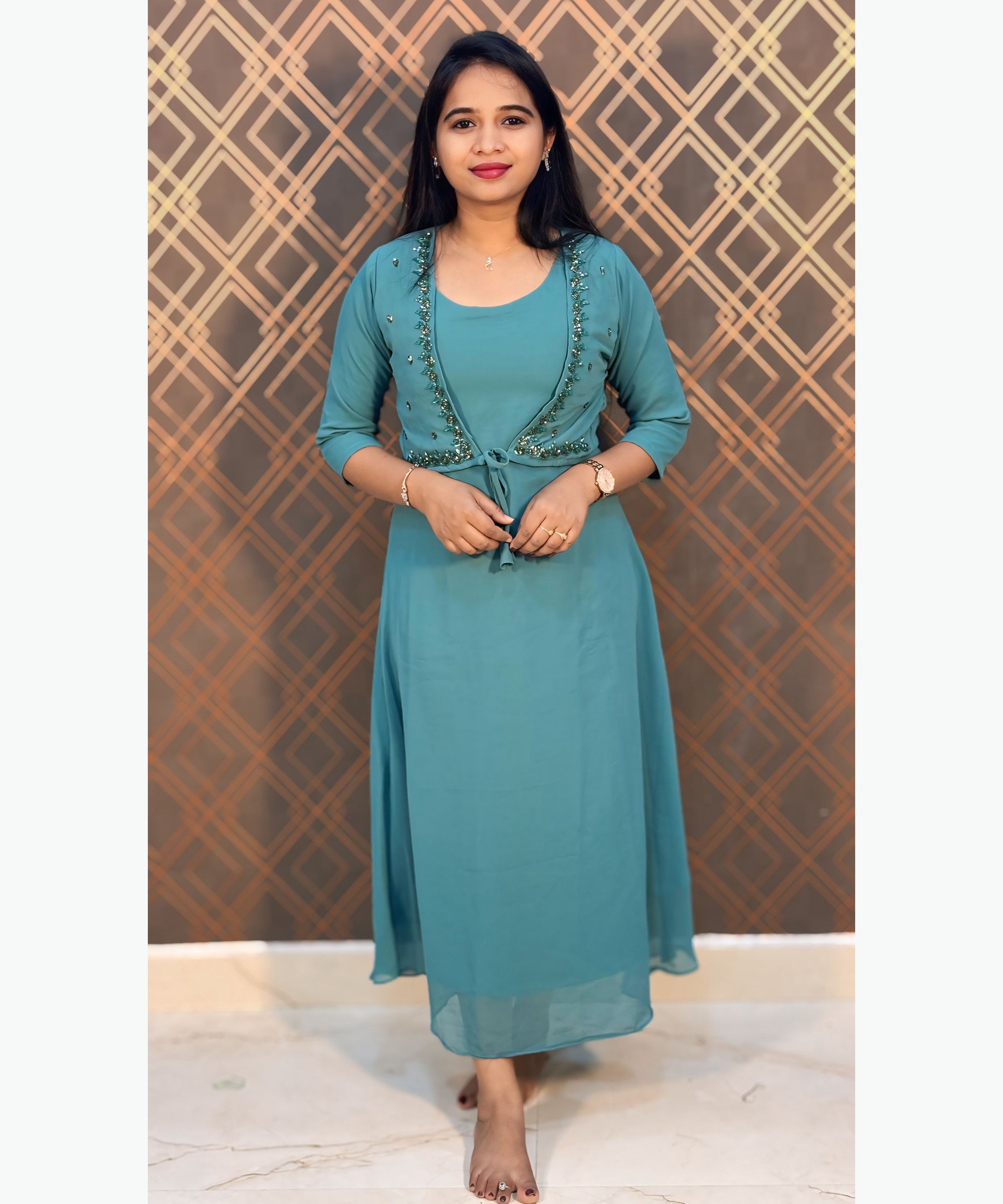 Blue mixed Green Color Premium Georgette Sleeveless Kurti(Crepe Lining) with Designer Jacket / MSS021