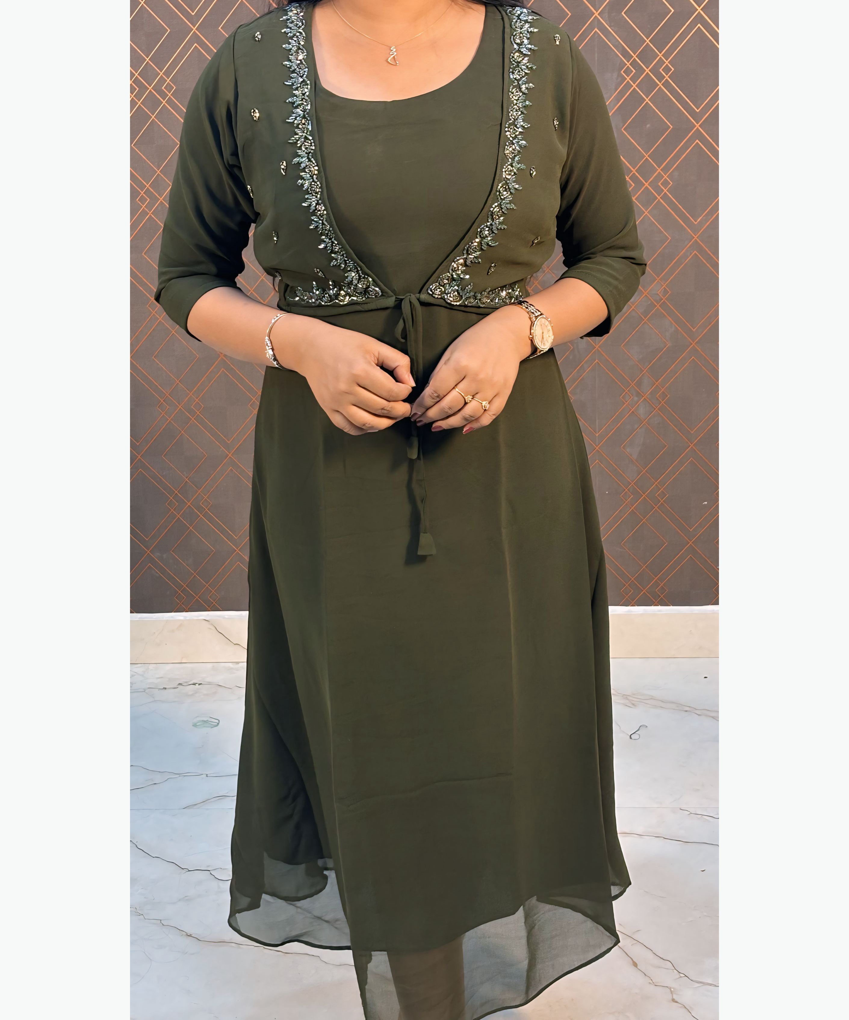 Olive Green Color Premium Georgette Sleeveless Kurti(Crepe Lining) with Designer Jacket / MSS021
