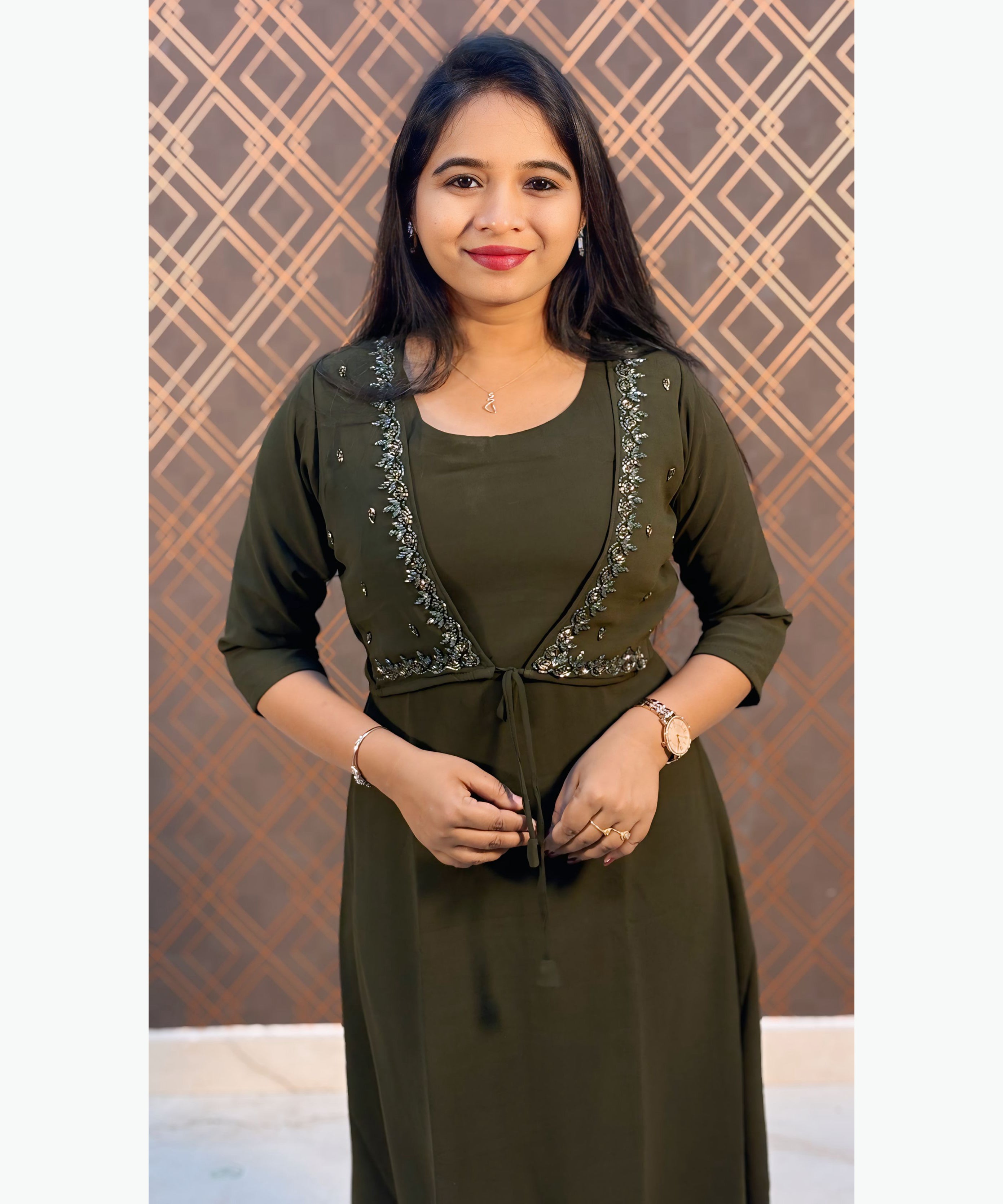 Olive Green Color Premium Georgette Sleeveless Kurti(Crepe Lining) with Designer Jacket / MSS021