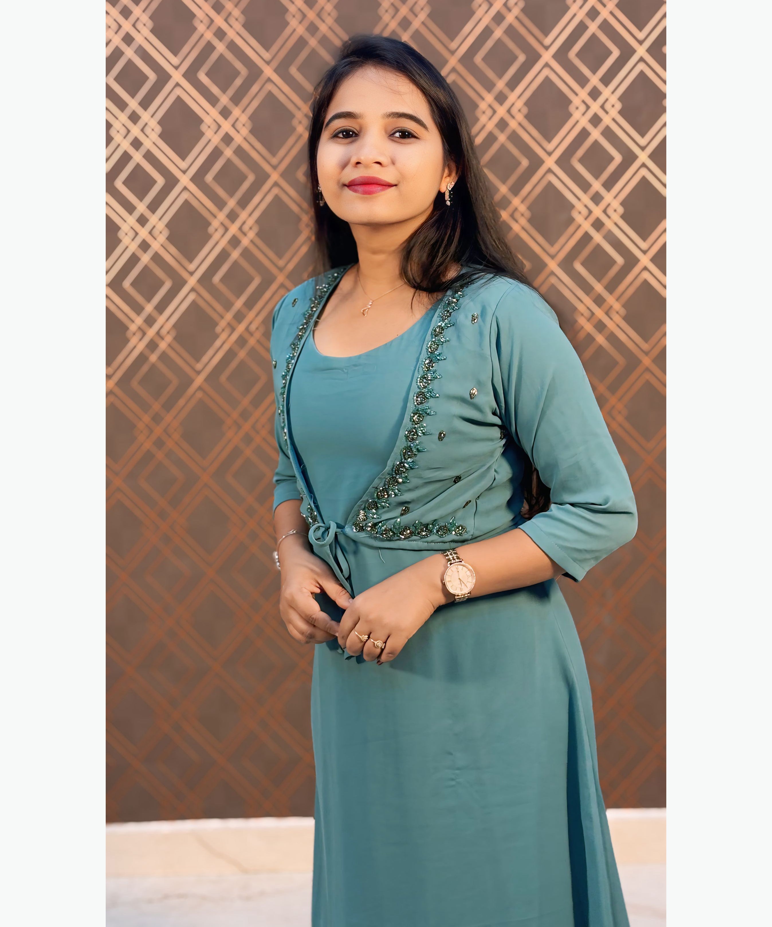 Blue mixed Green Color Premium Georgette Sleeveless Kurti(Crepe Lining) with Designer Jacket / MSS021