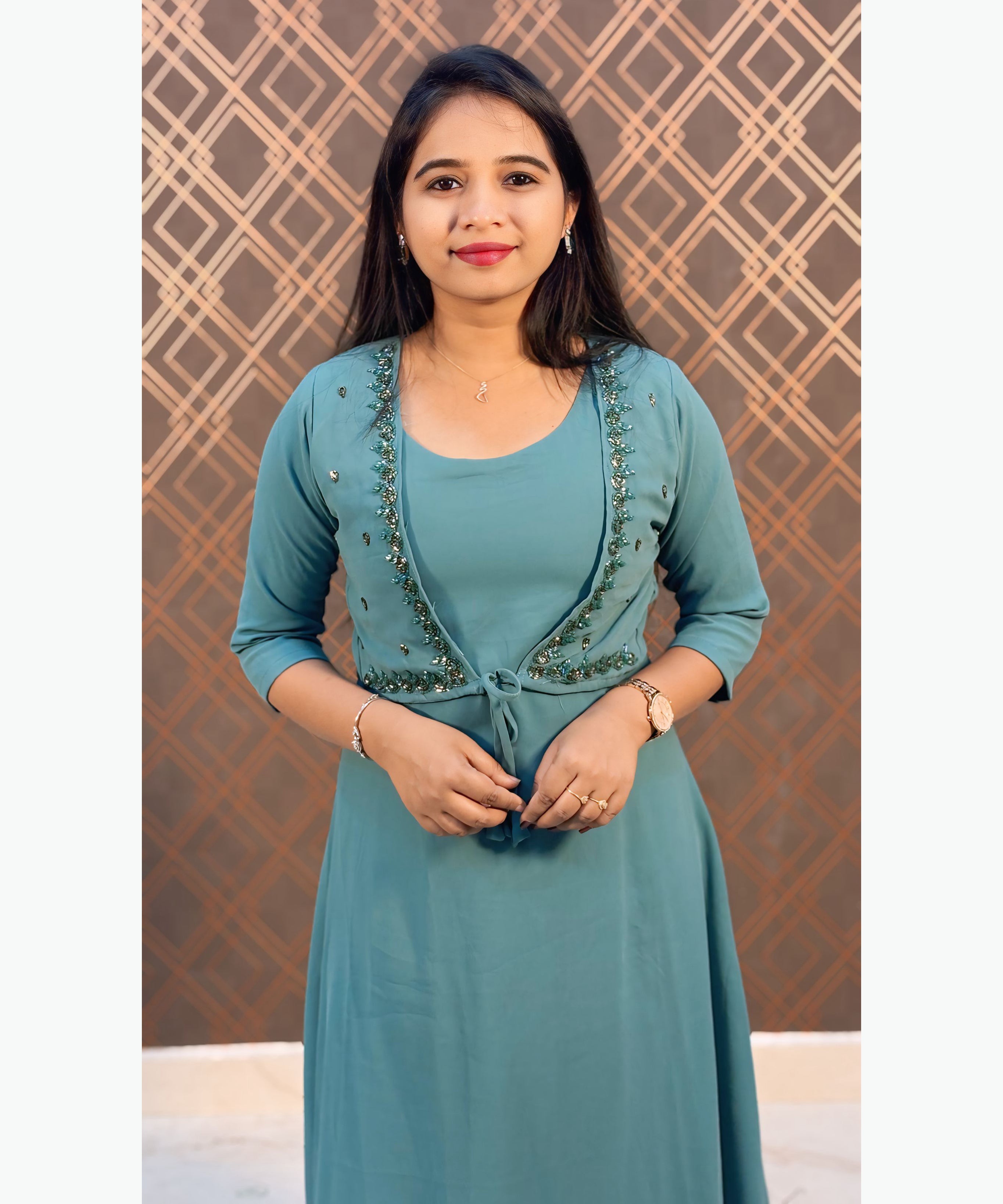 Blue mixed Green Color Premium Georgette Sleeveless Kurti(Crepe Lining) with Designer Jacket / MSS021