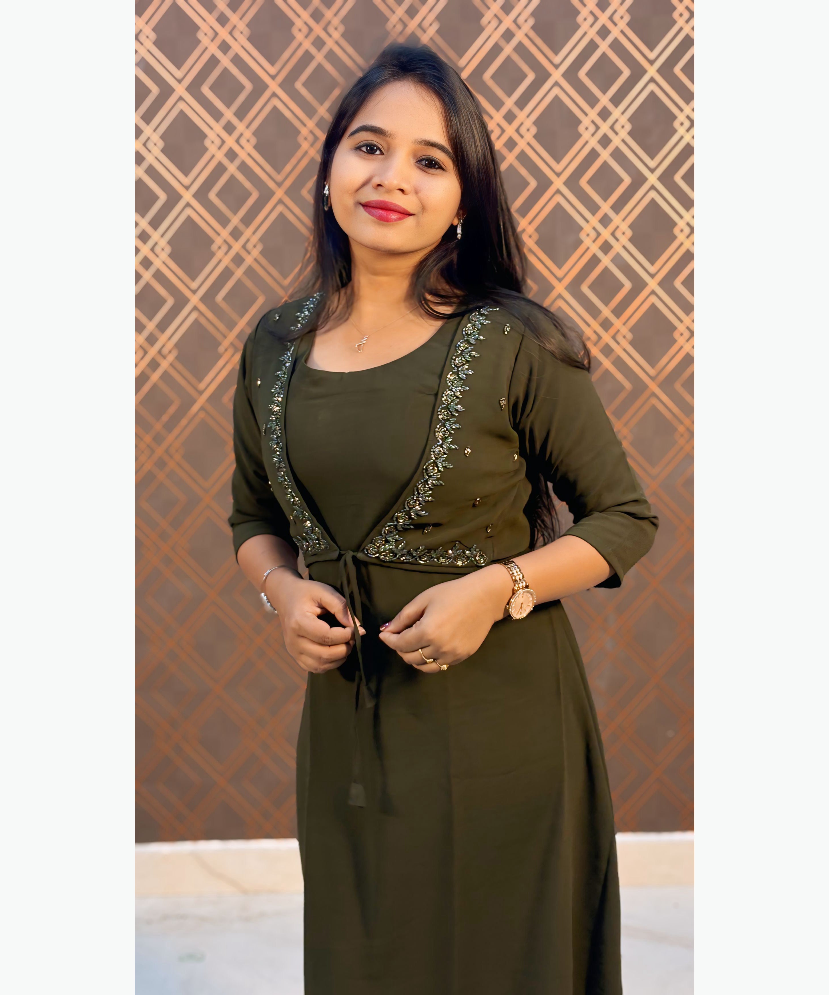 Olive Green Color Premium Georgette Sleeveless Kurti(Crepe Lining) with Designer Jacket / MSS021