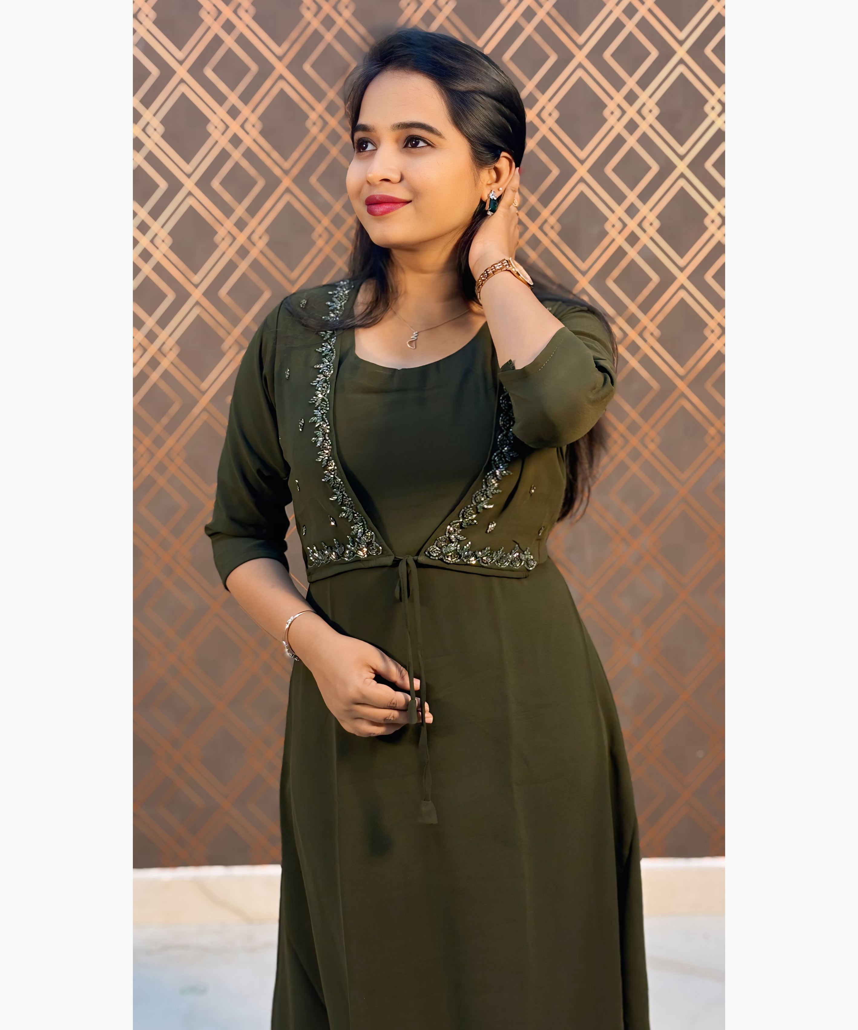 Olive Green Color Premium Georgette Sleeveless Kurti(Crepe Lining) with Designer Jacket / MSS021