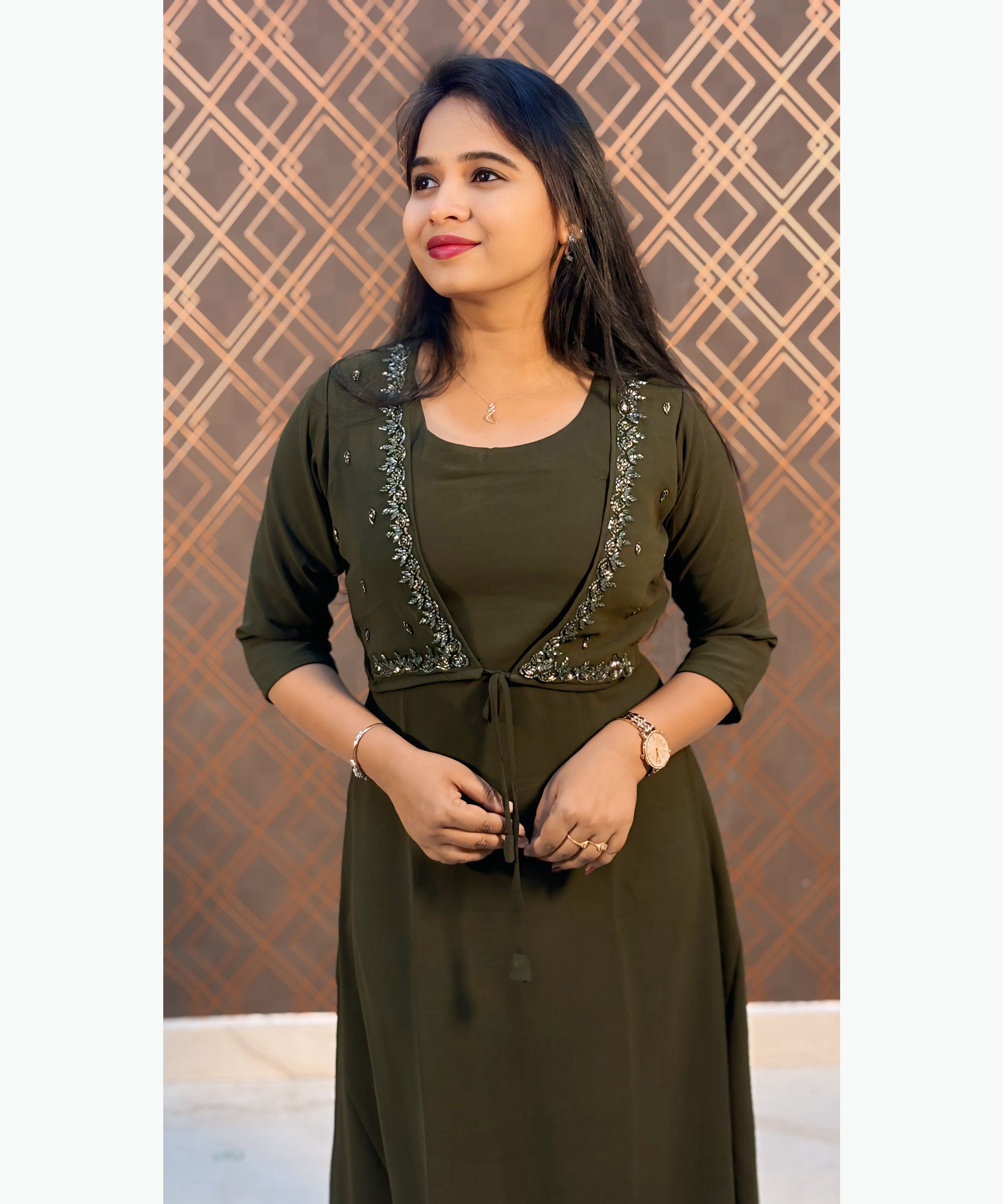 Olive Green Color Premium Georgette Sleeveless Kurti(Crepe Lining) with Designer Jacket / MSS021