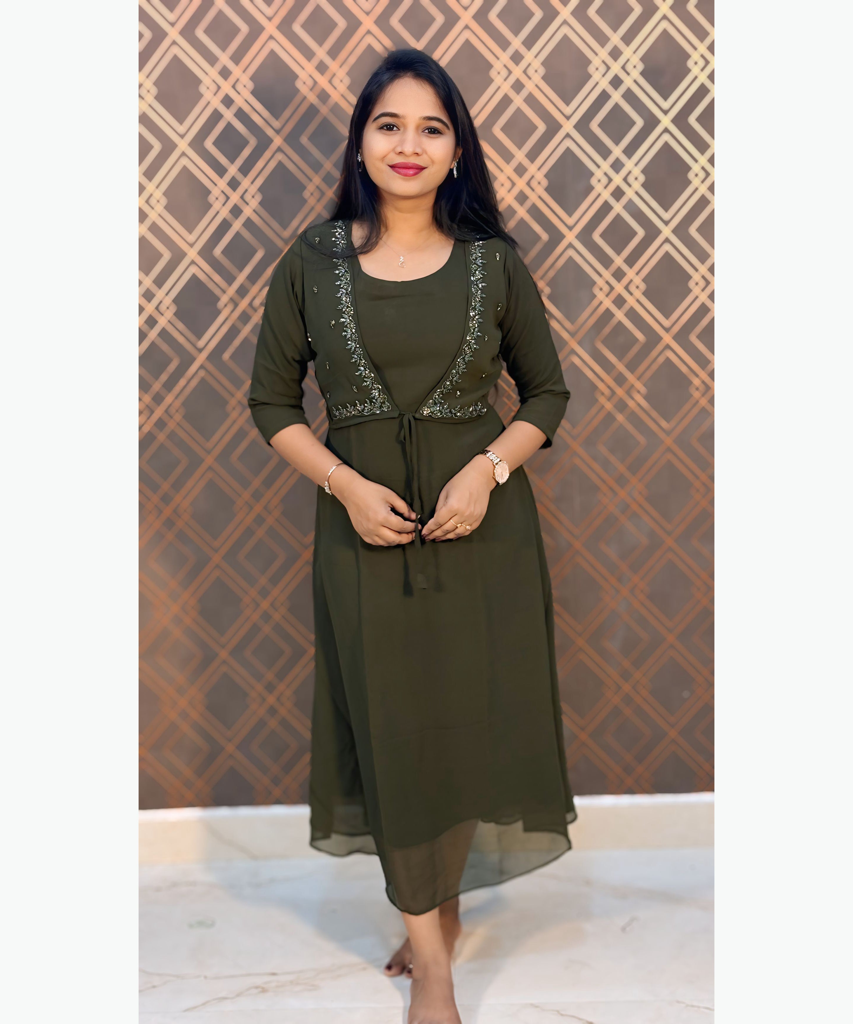 Olive Green Color Premium Georgette Sleeveless Kurti(Crepe Lining) with Designer Jacket / MSS021