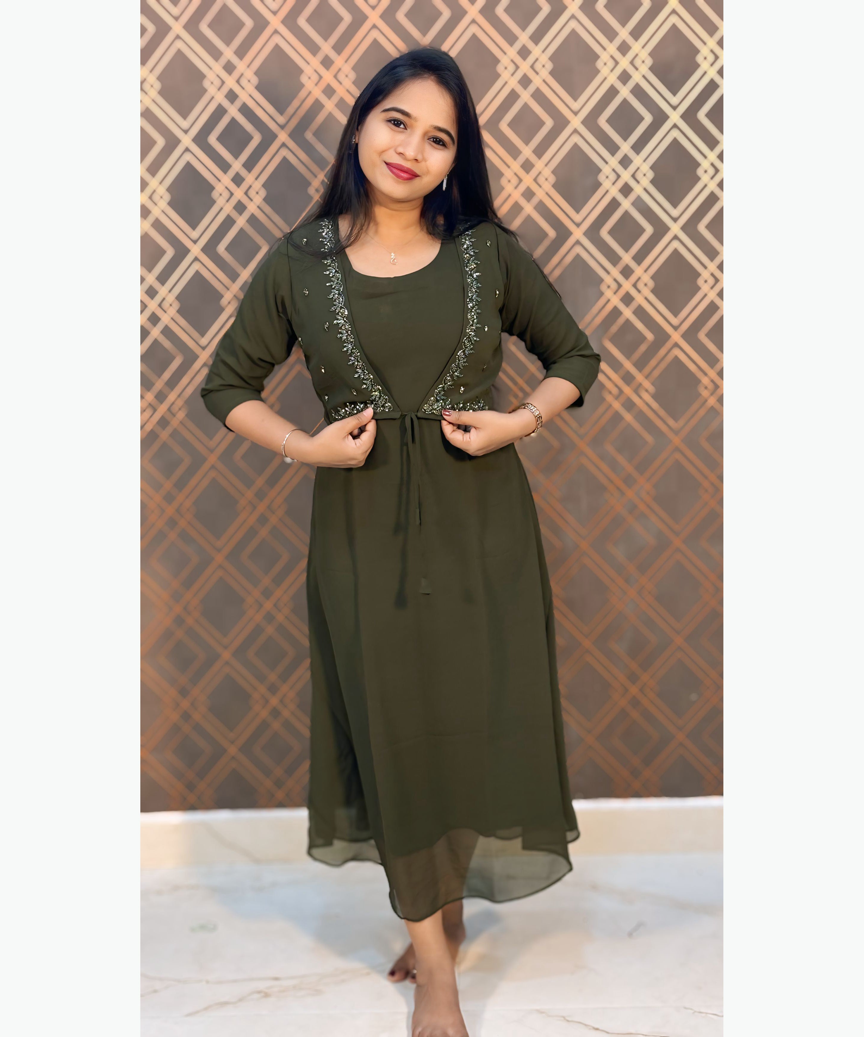 Olive Green Color Premium Georgette Sleeveless Kurti(Crepe Lining) with Designer Jacket / MSS021