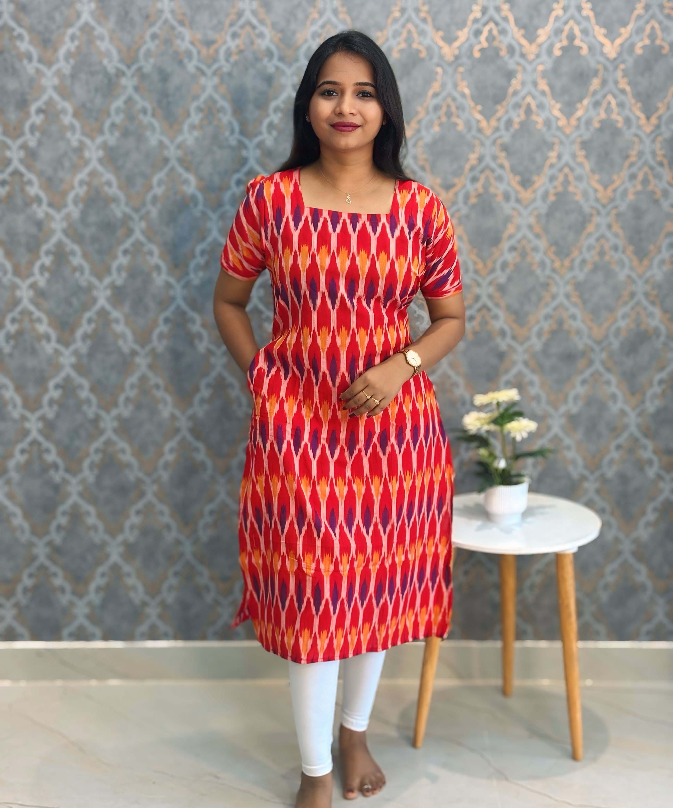 Red, Blue and Yellow Tricolor Premium Ikkat Cotton Short Sleeve Kurti with Pocket / LSS181